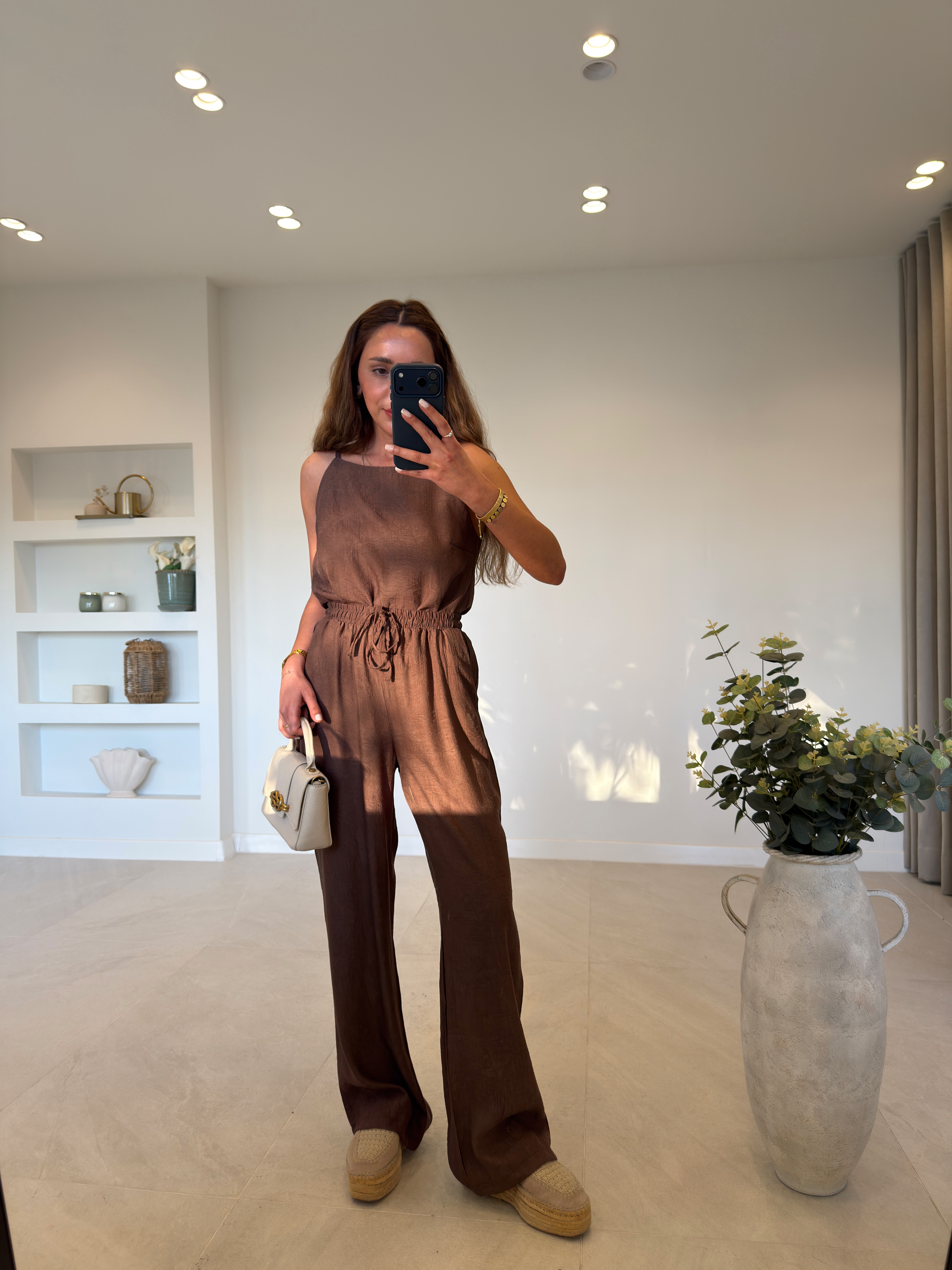 7341 Kahve Jakarlı Bluz Pantolon Takım