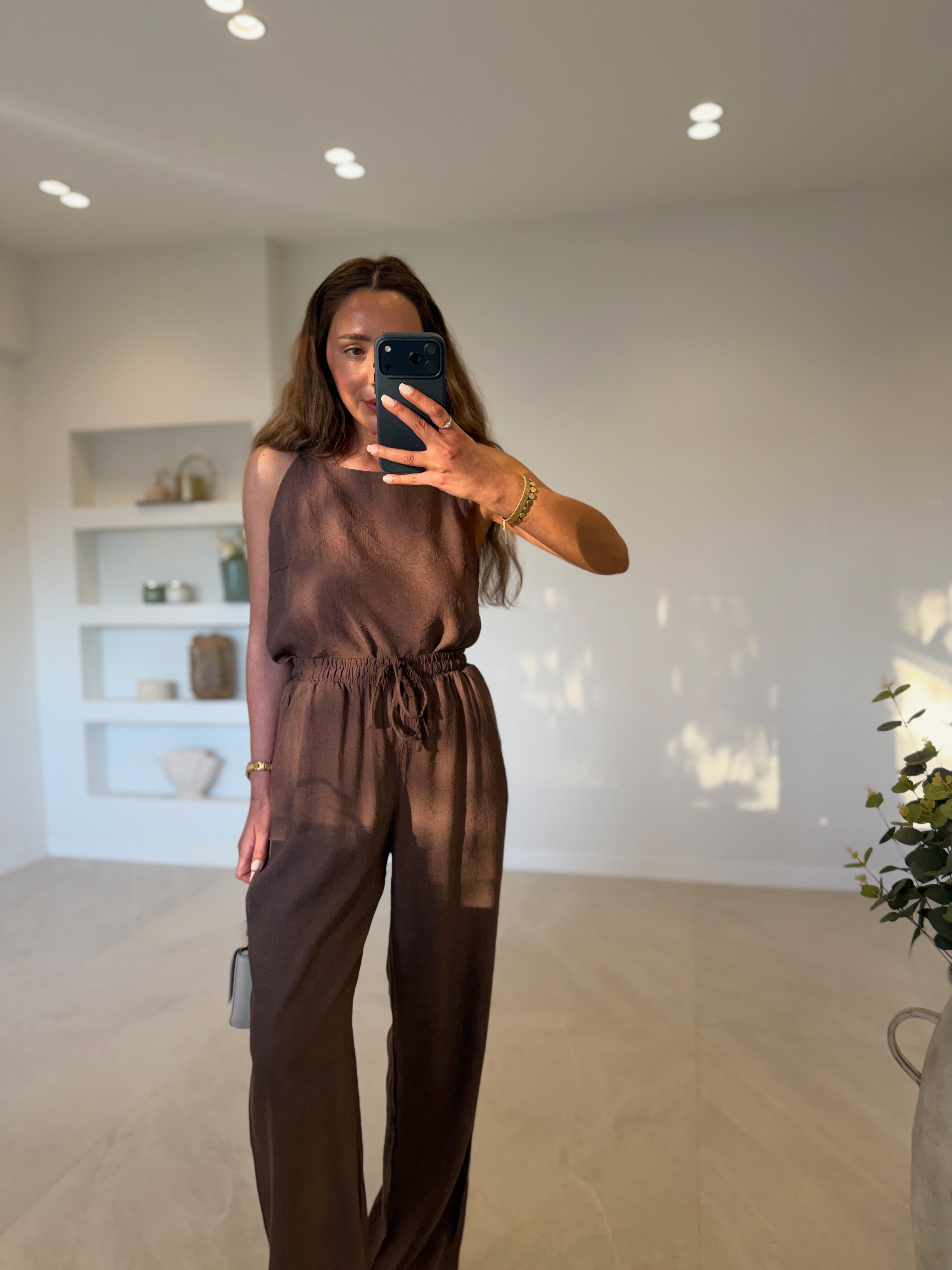 7341 Kahve Jakarlı Bluz Pantolon Takım
