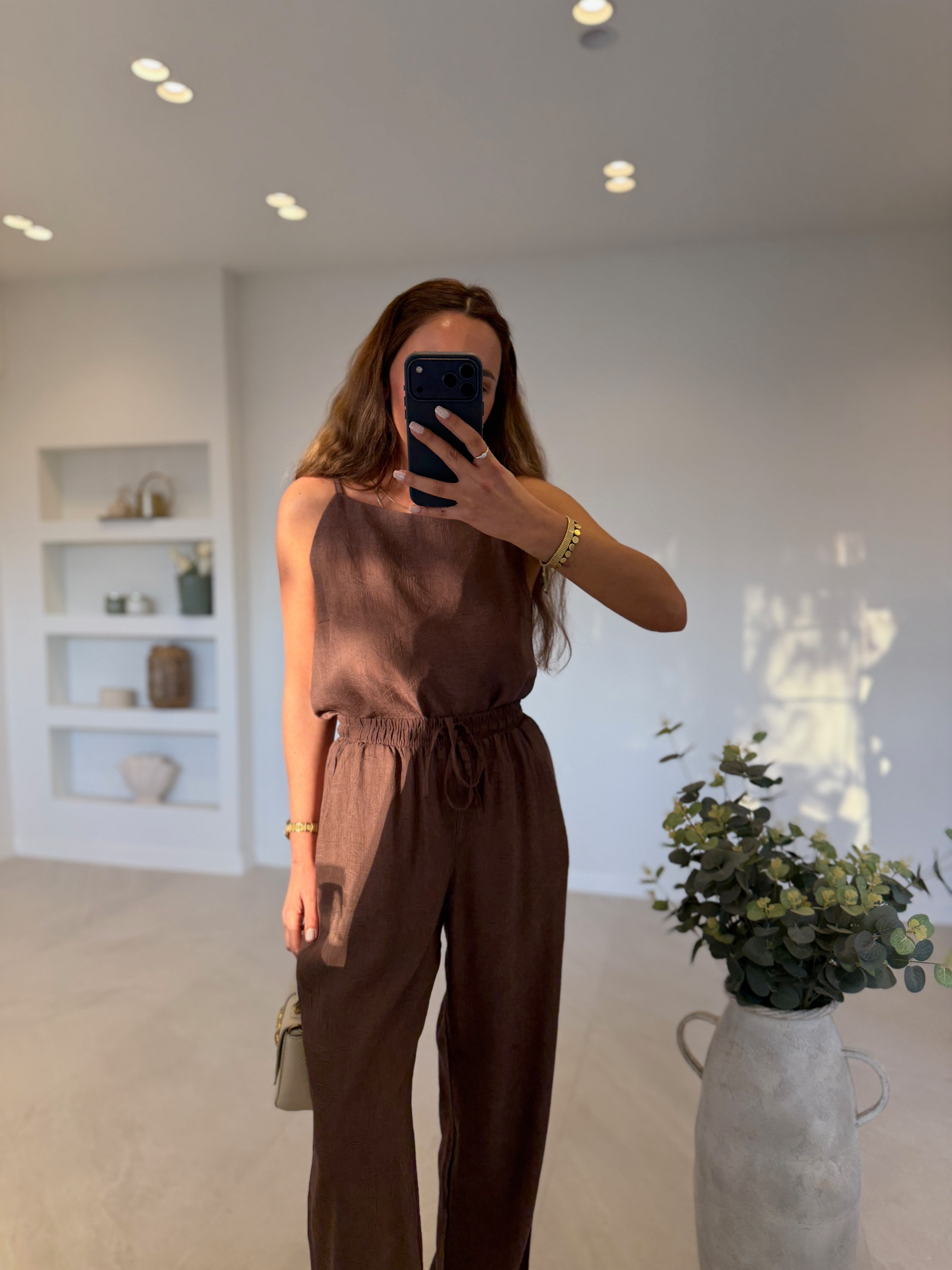 7341 Kahve Jakarlı Bluz Pantolon Takım