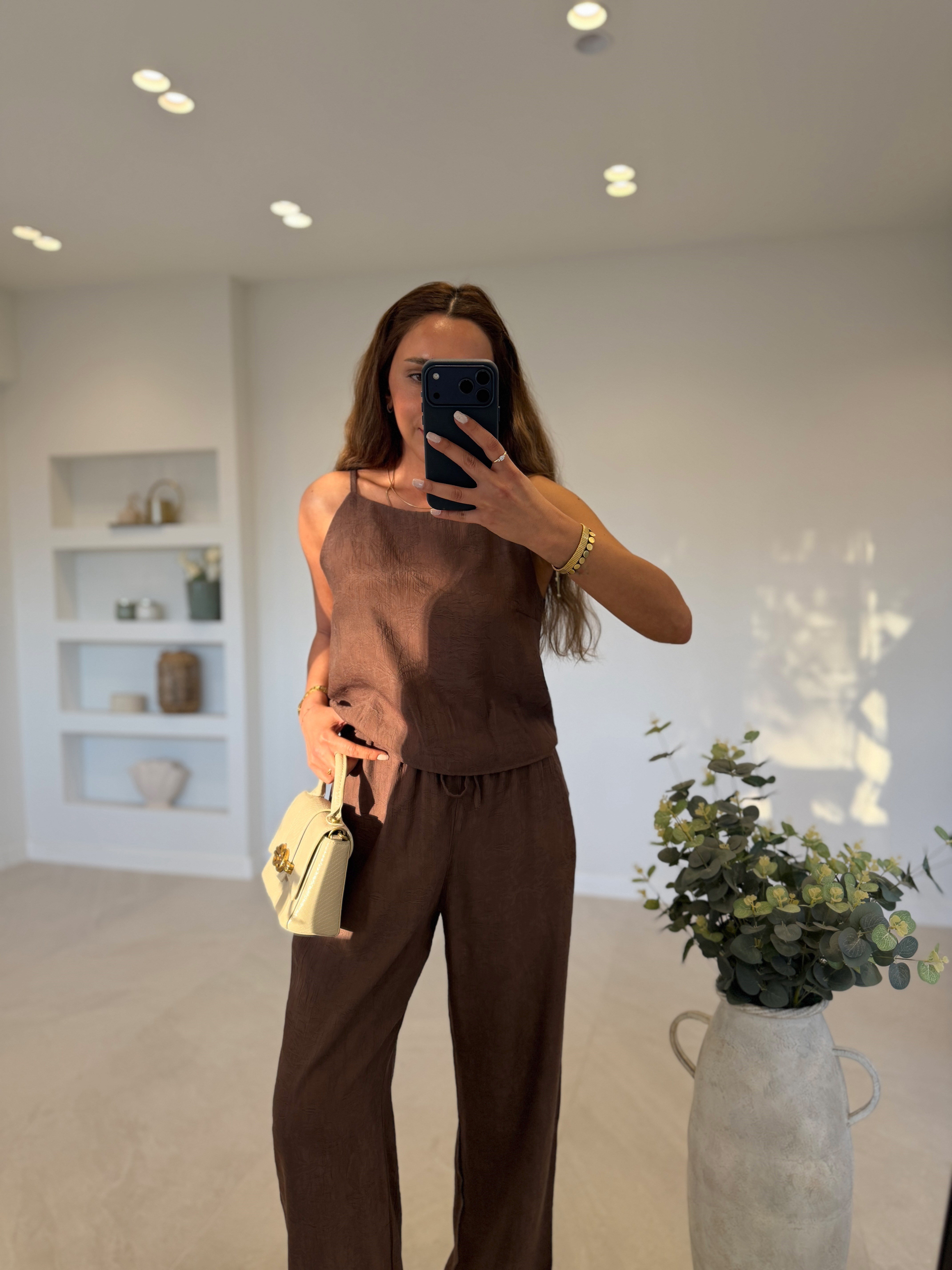 7341 Kahve Jakarlı Bluz Pantolon Takım