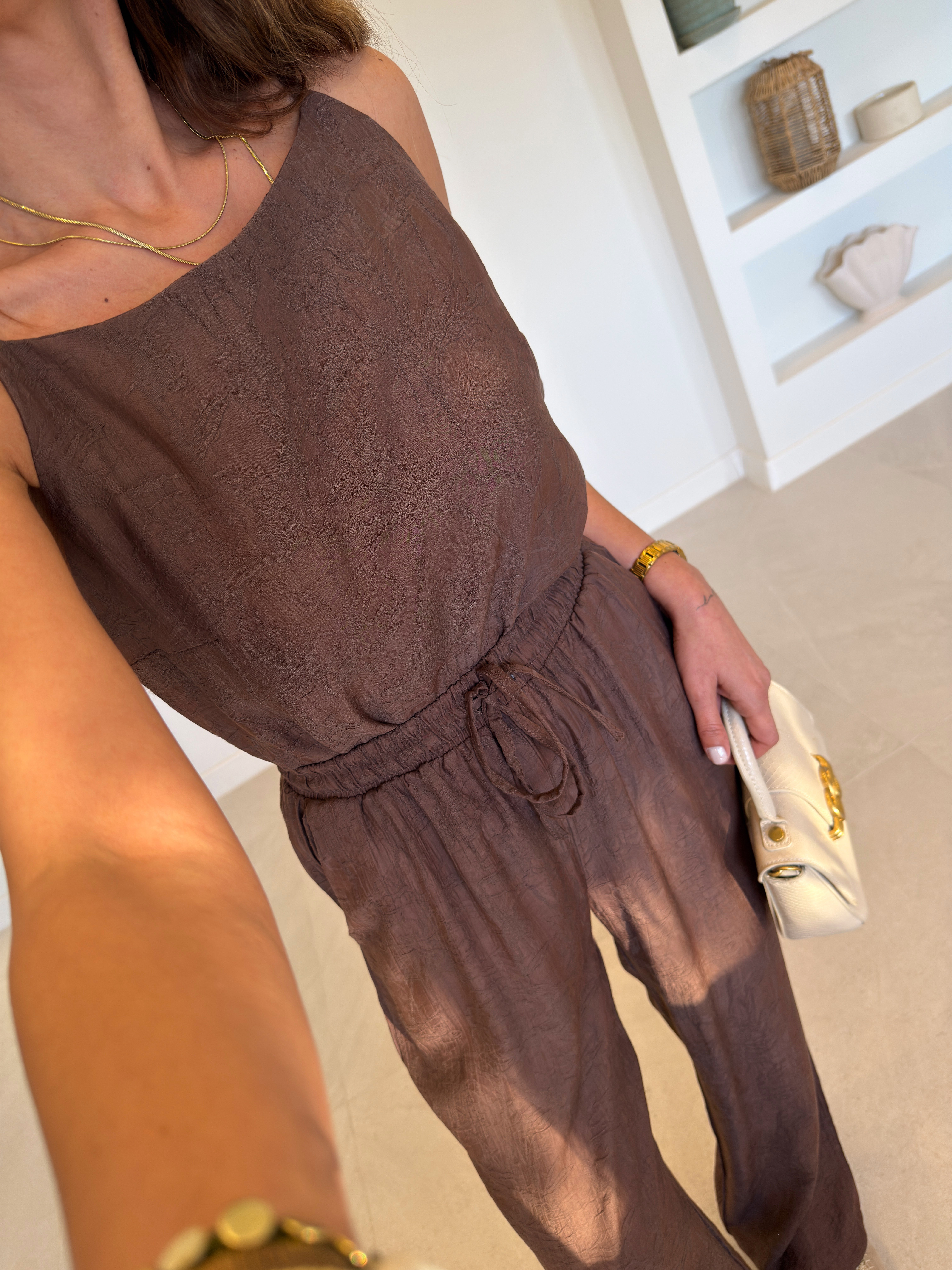 7341 Kahve Jakarlı Bluz Pantolon Takım