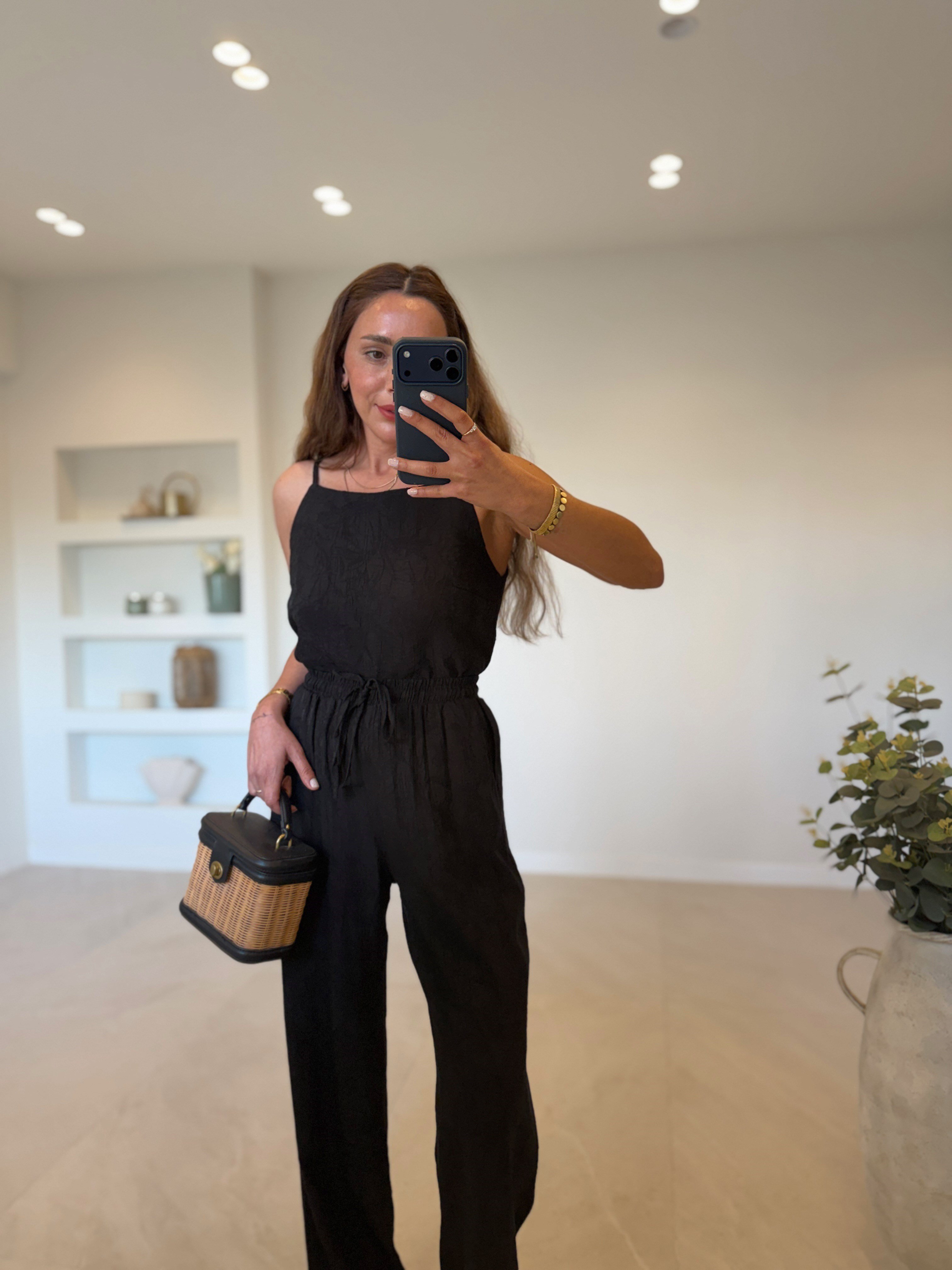 7341 Siyah Jakarlı Bluz Pantolon Takım