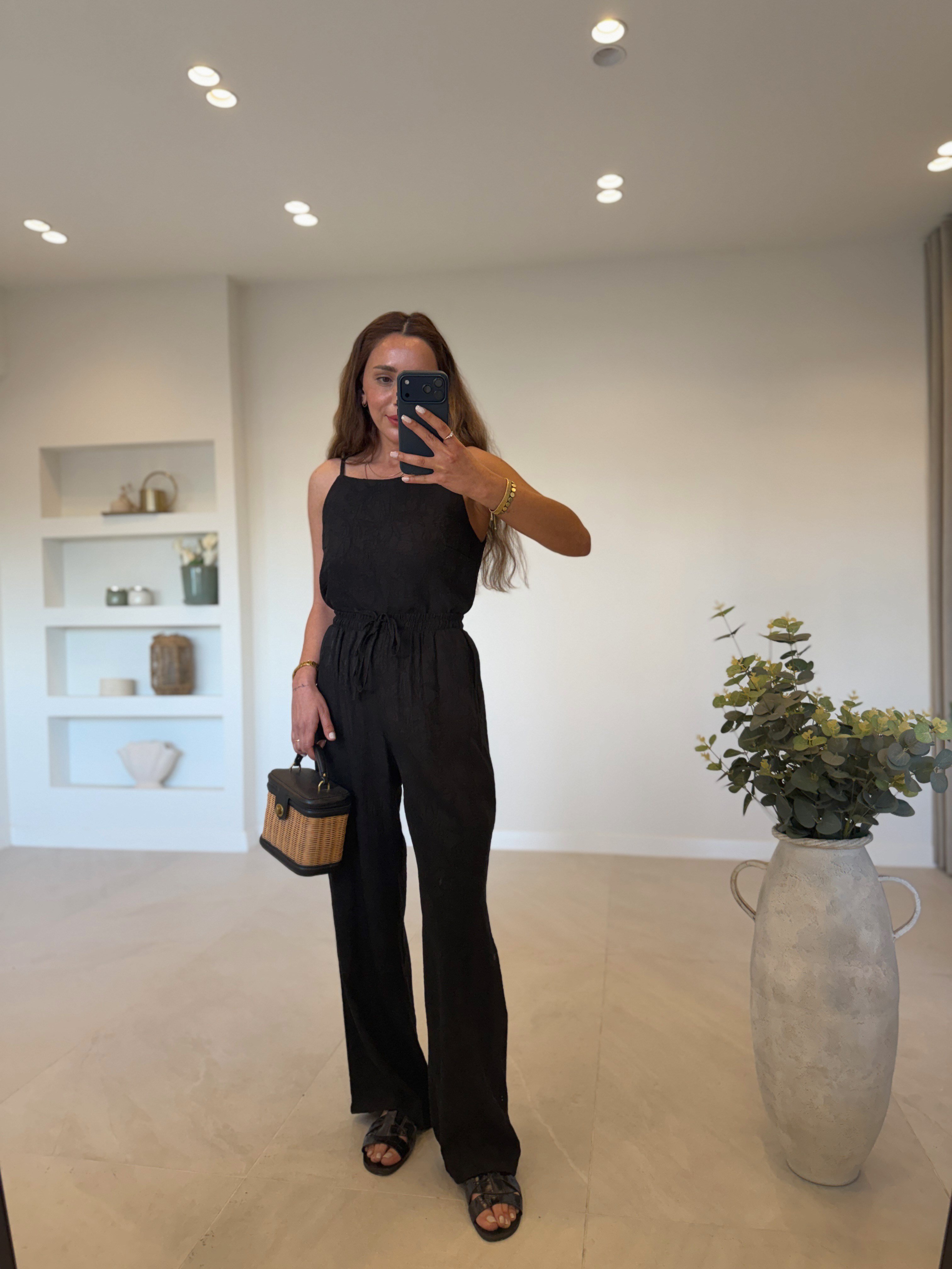 7341 Siyah Jakarlı Bluz Pantolon Takım