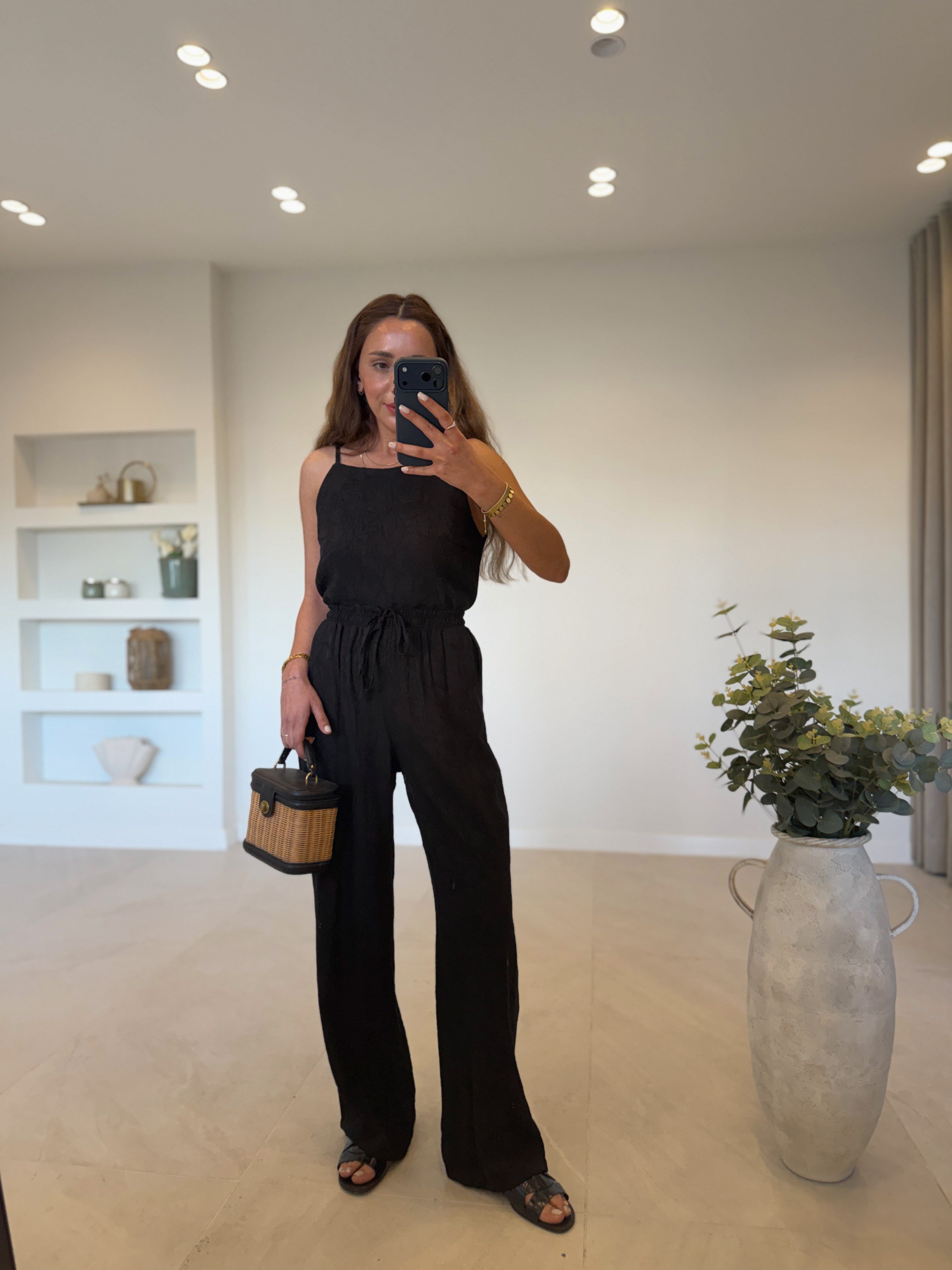 7341 Siyah Jakarlı Bluz Pantolon Takım