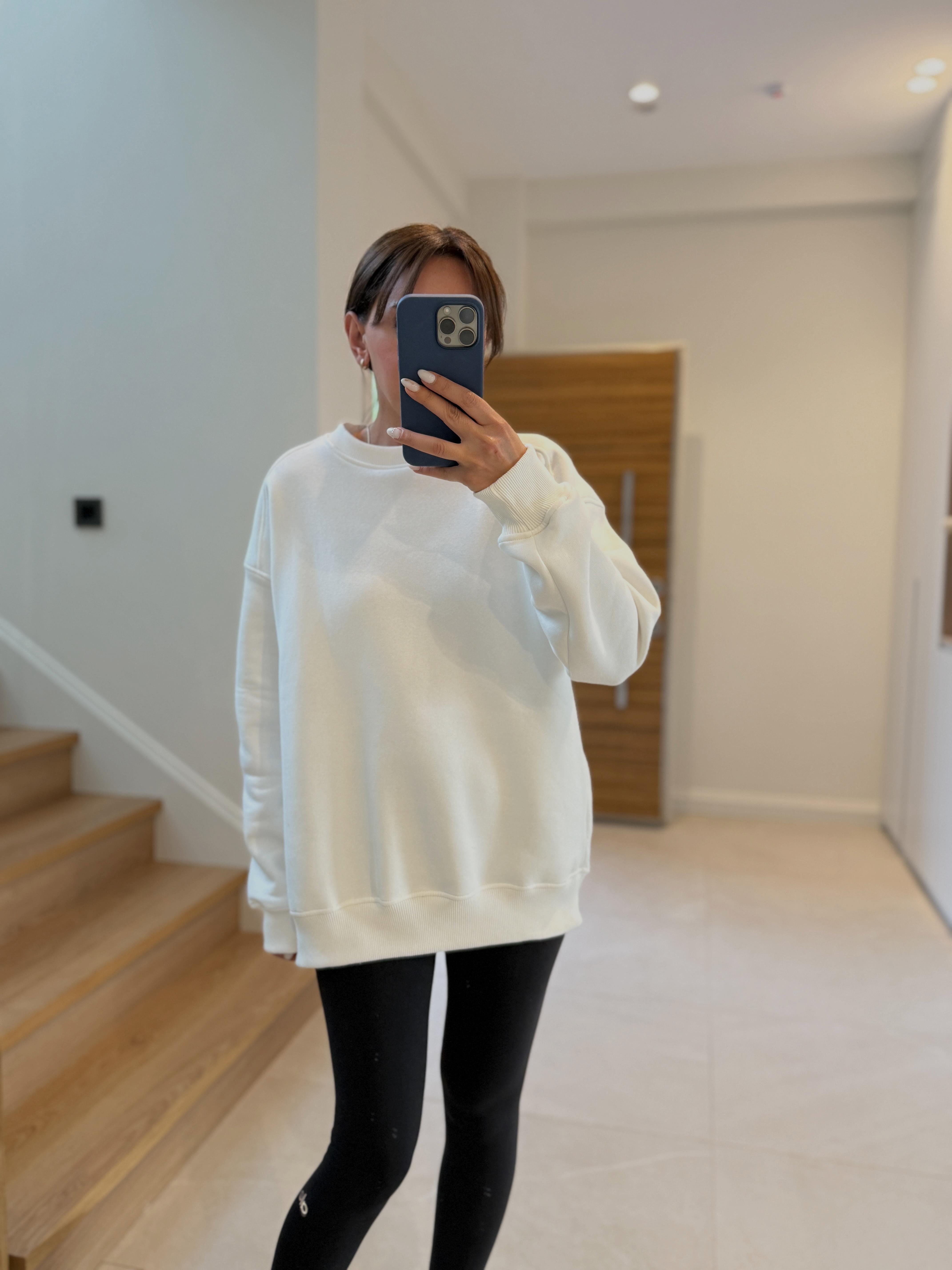 7912 Dream Bisiklet Yaka Basic Beyaz Sweatshirt