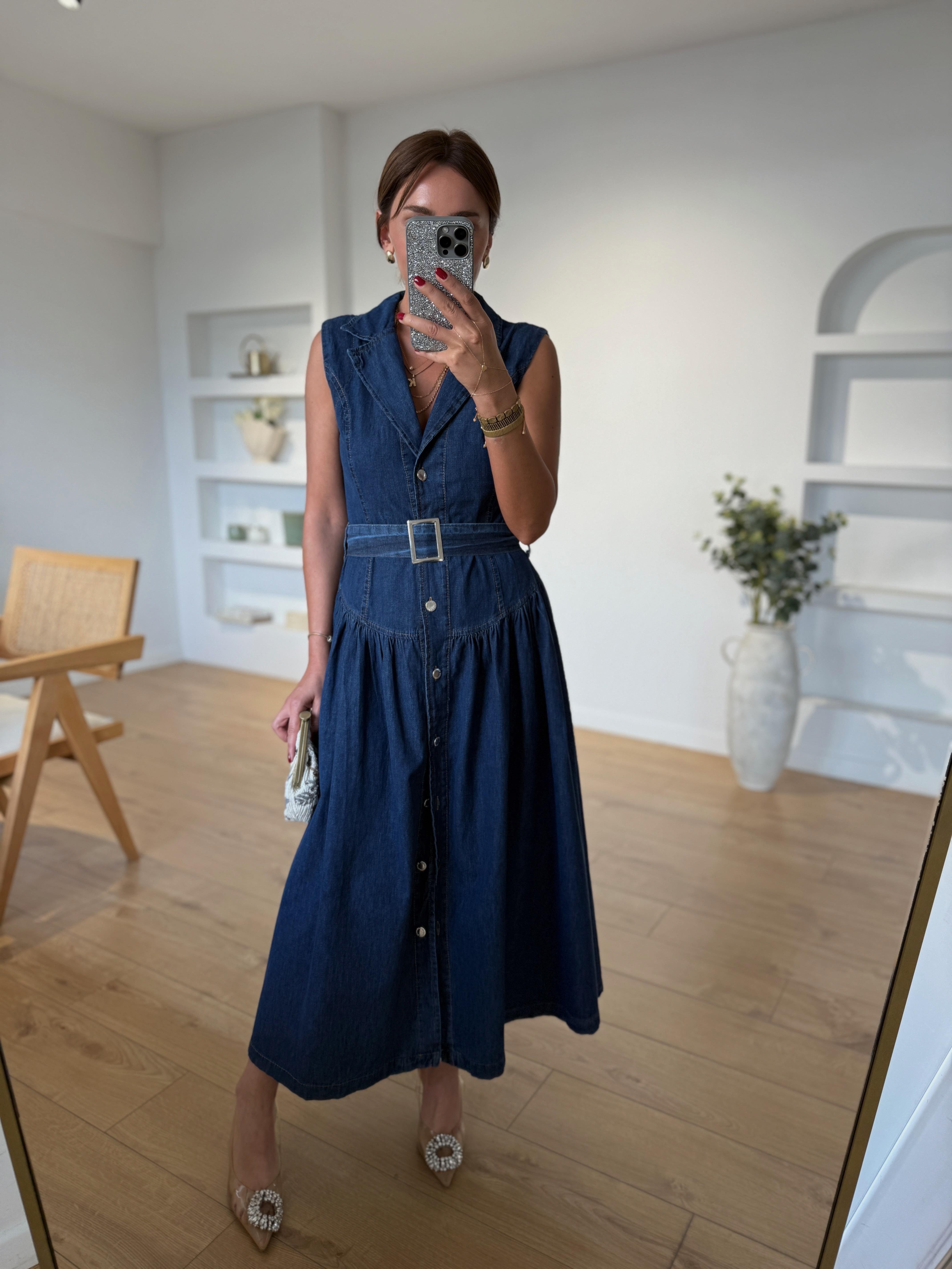 926 Sıfır Kol Kemerli Denim Elbise