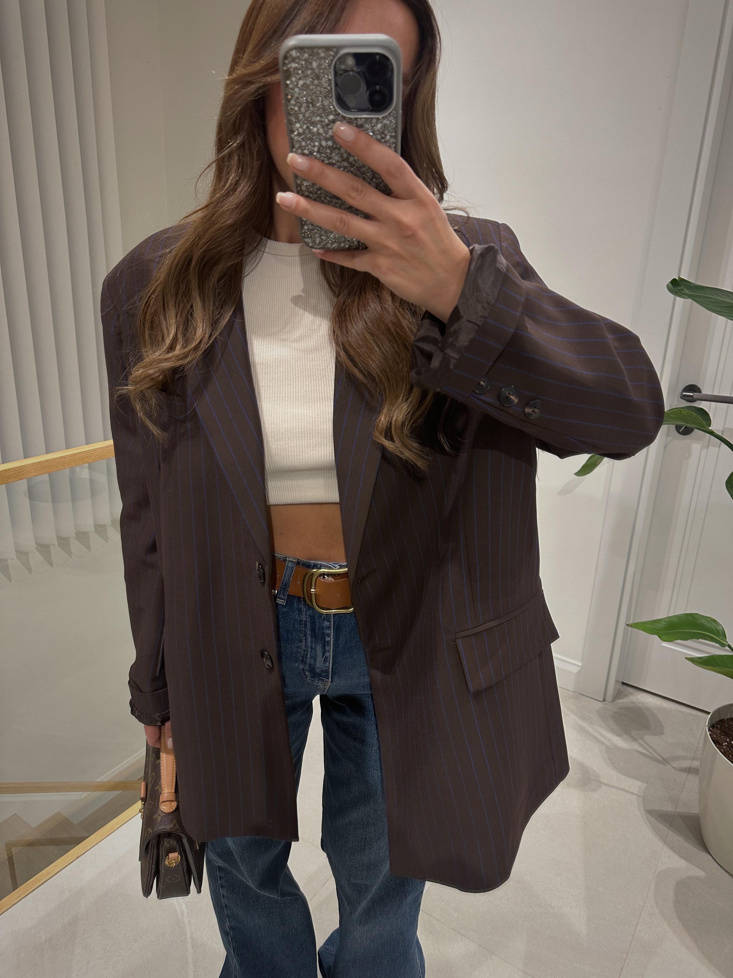 Acı Kahve Mavi Çizgili Oversize Blazer Ceket