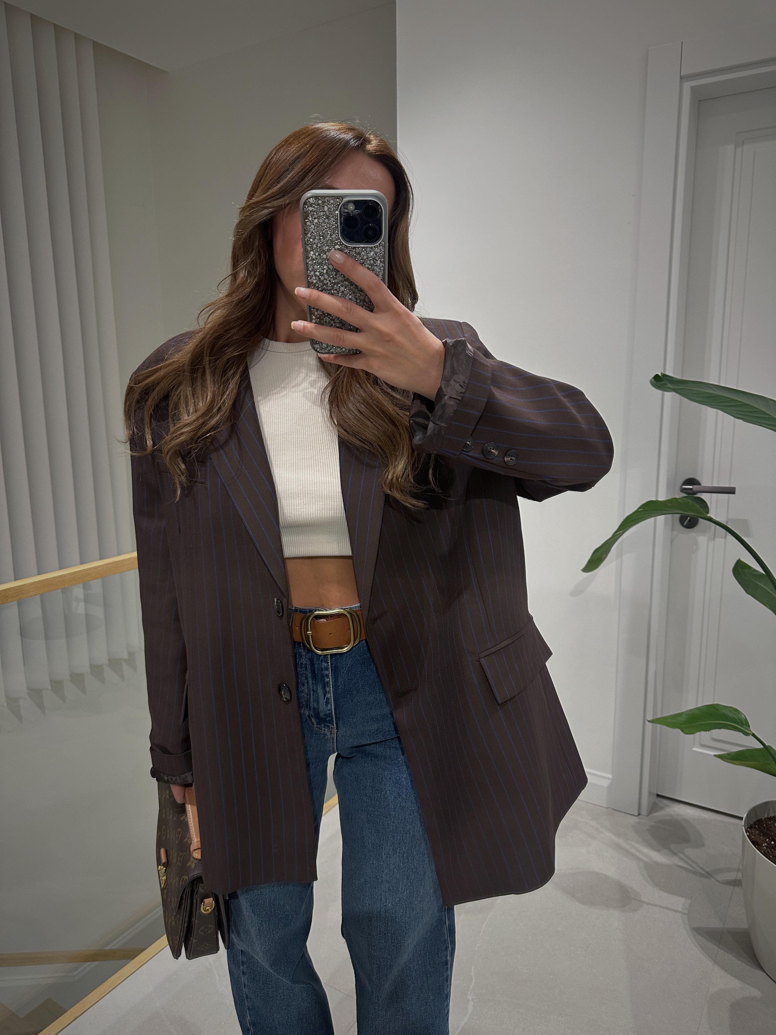 Acı Kahve Mavi Çizgili Oversize Blazer Ceket
