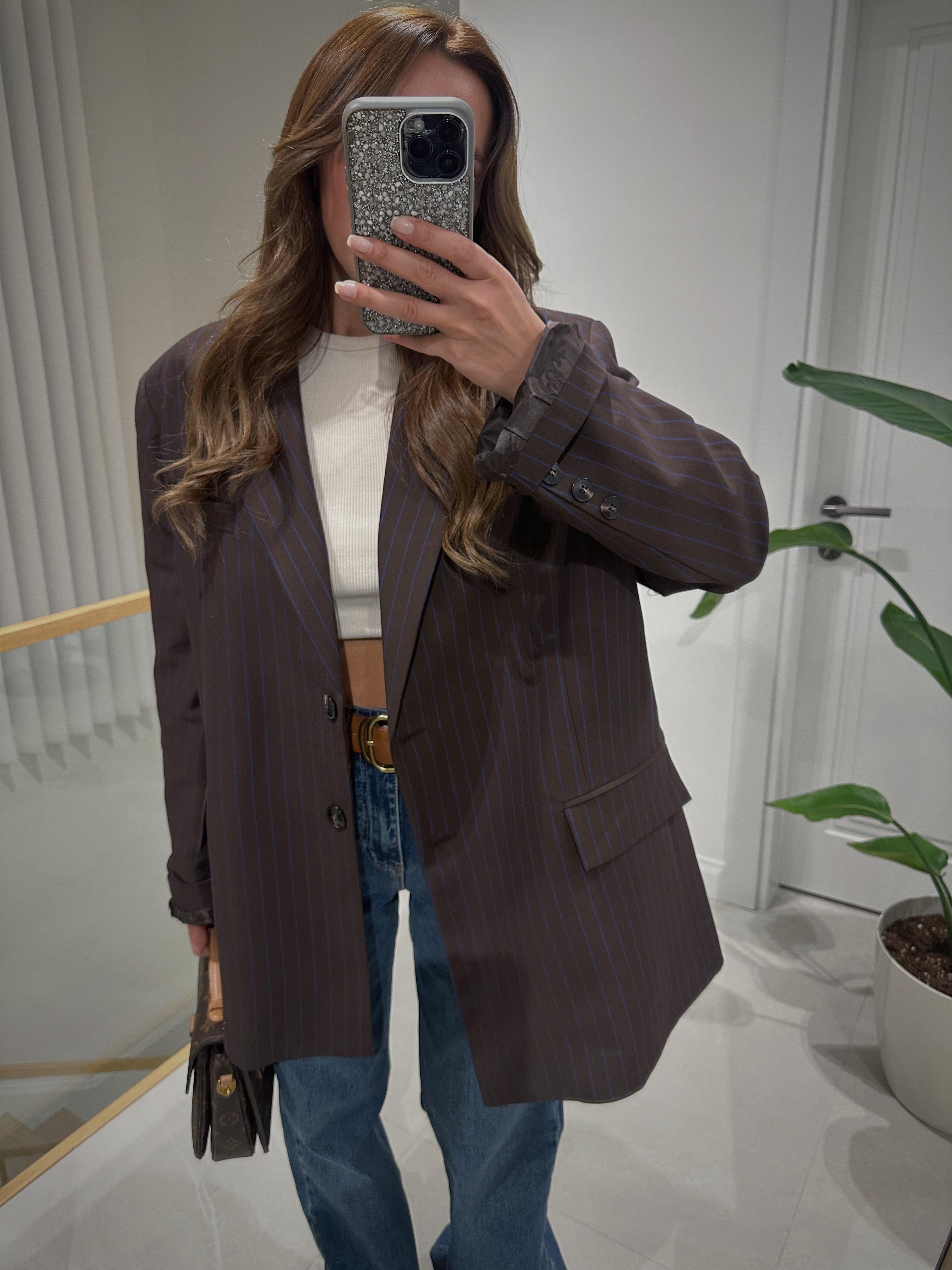 Acı Kahve Mavi Çizgili Oversize Blazer Ceket
