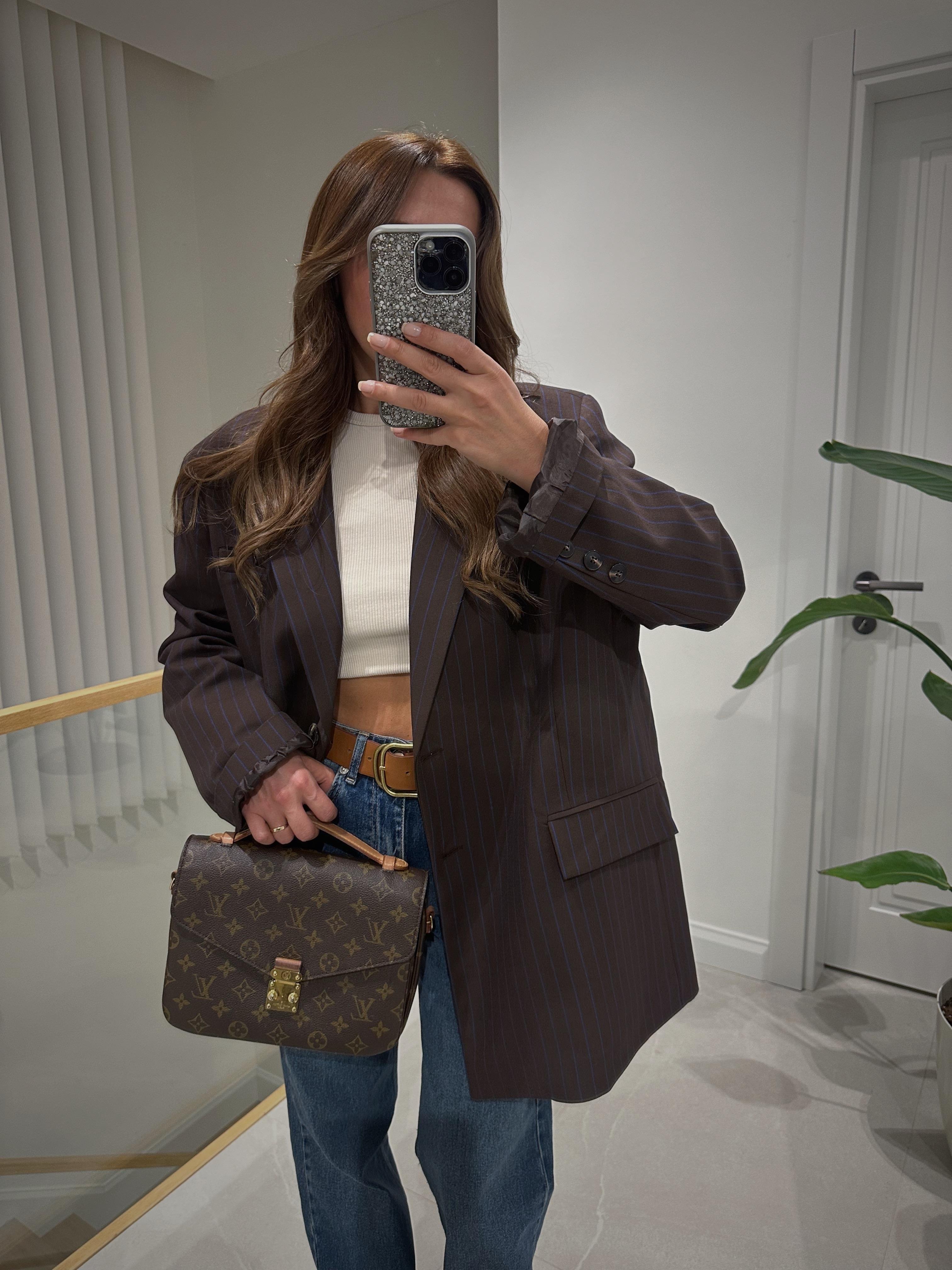 Acı Kahve Mavi Çizgili Oversize Blazer Ceket