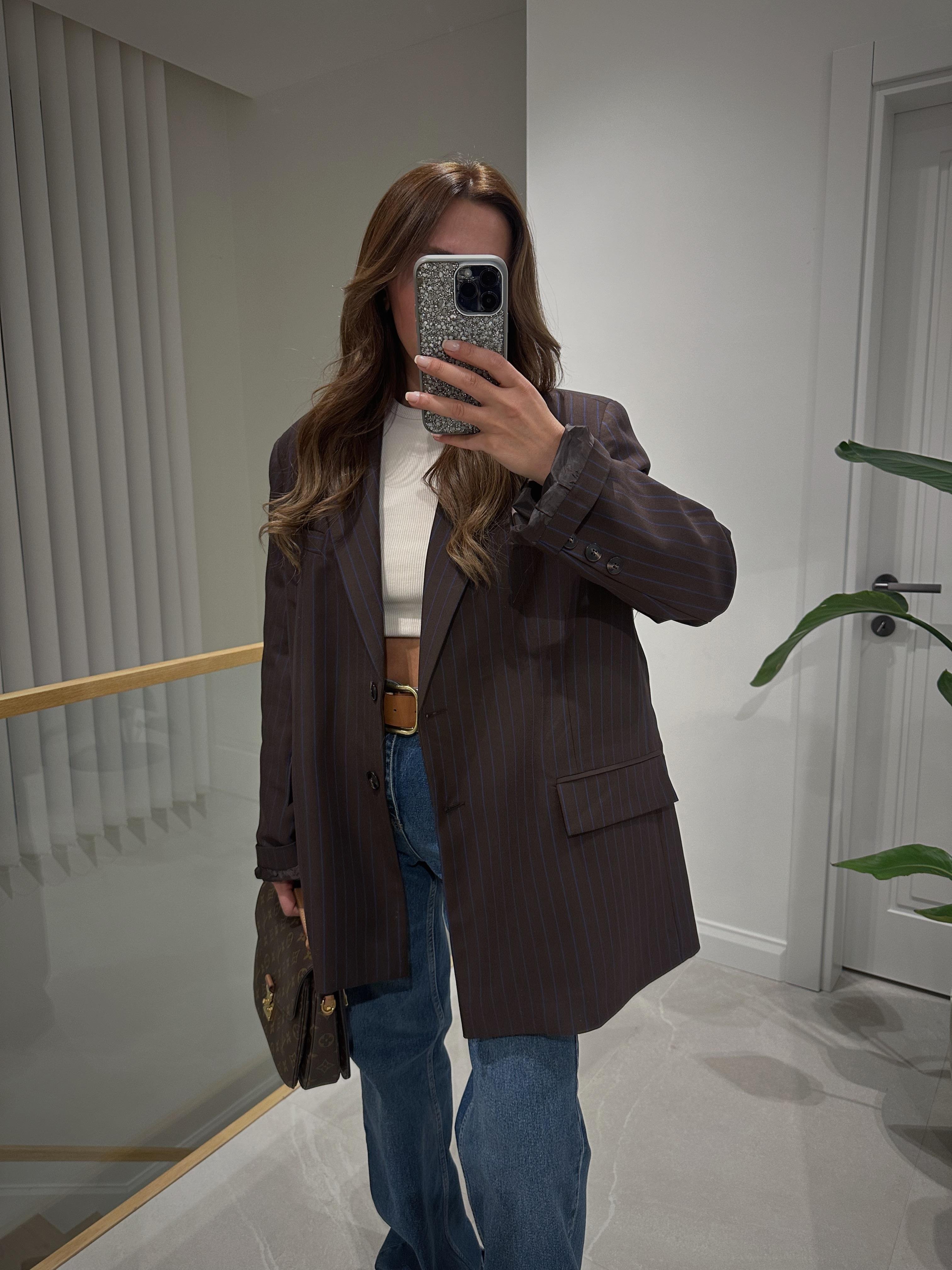 Acı Kahve Mavi Çizgili Oversize Blazer Ceket