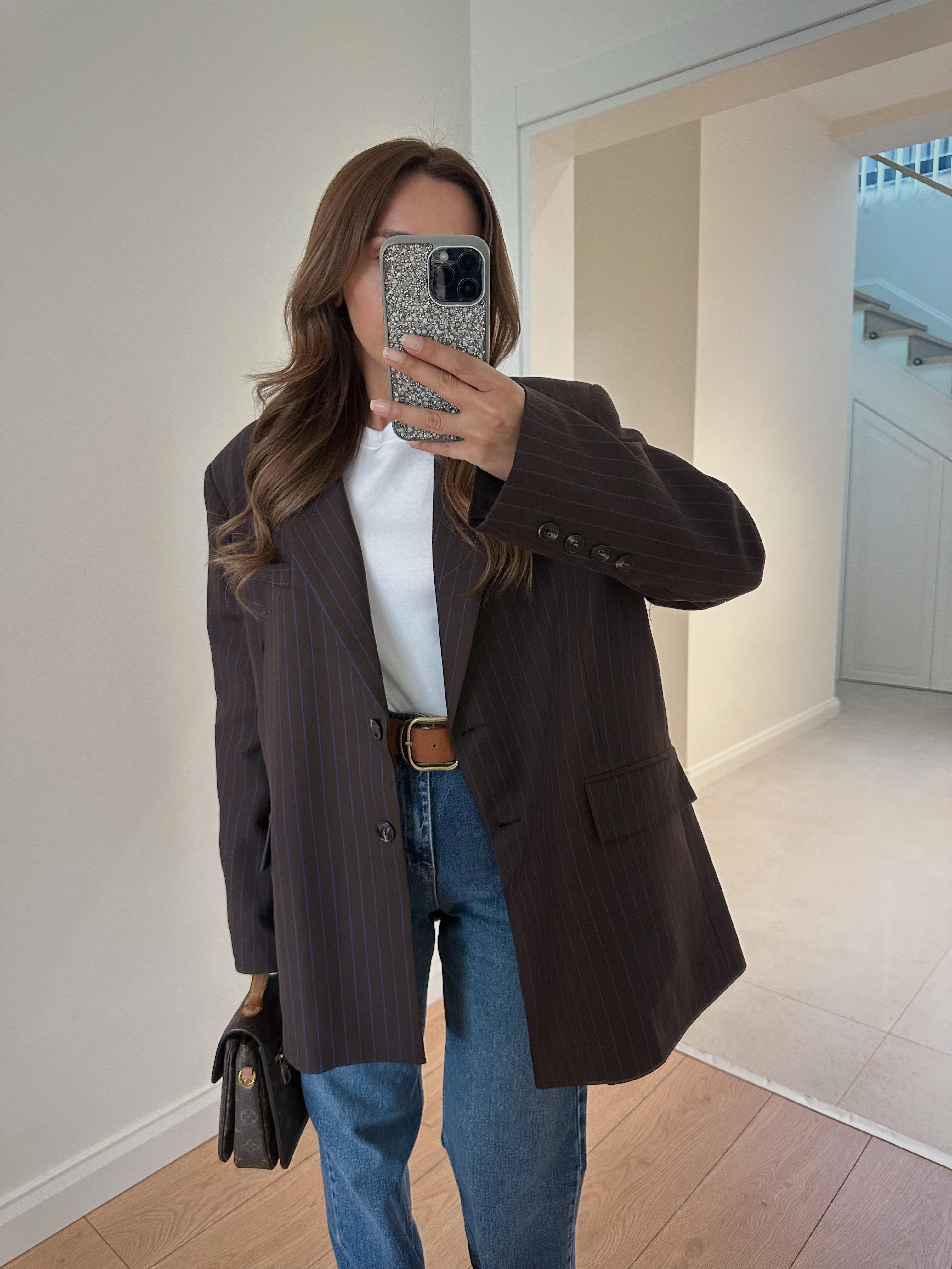 Acı Kahve Mavi Çizgili Oversize Blazer Ceket