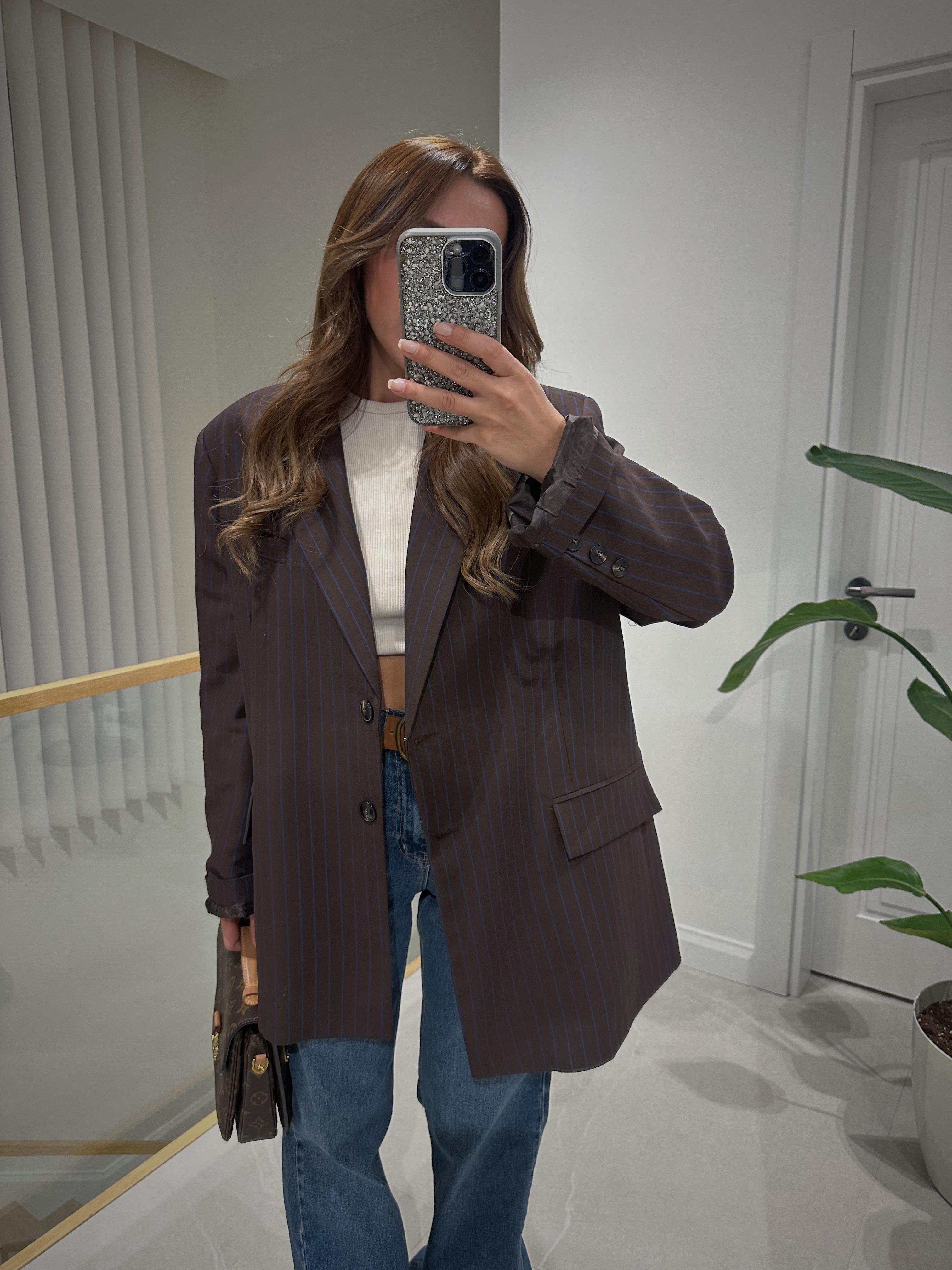 Acı Kahve Mavi Çizgili Oversize Blazer Ceket