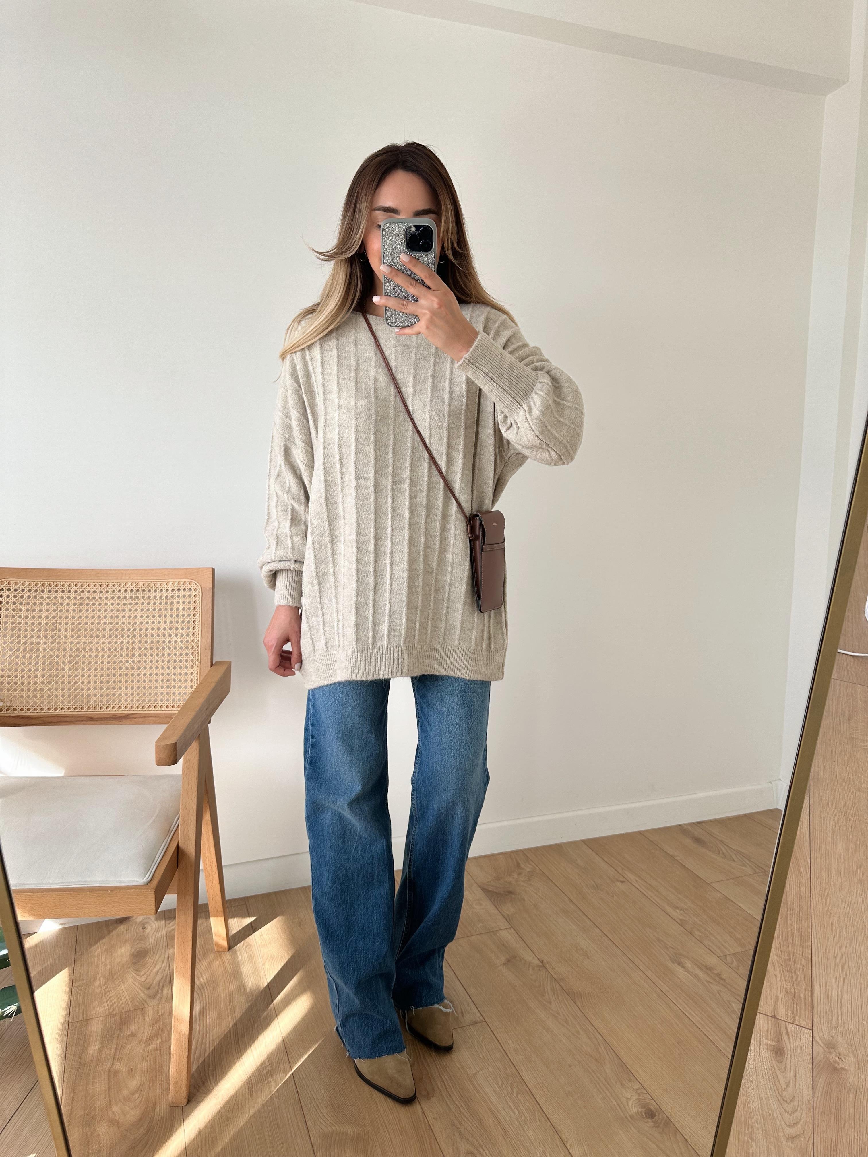 AÇIK BEJ KAYIK YAKA FİTİLLİ OVERSIZE KAZAK