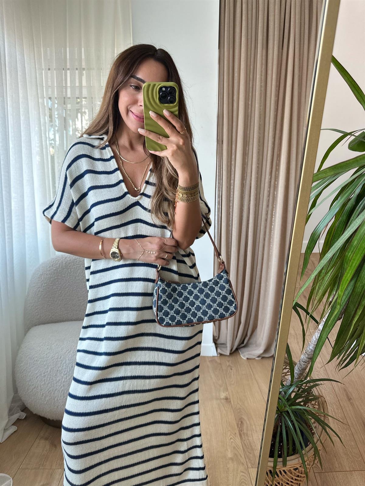 AJURLU LACİVERT EKRU TRİKO ELBİSE