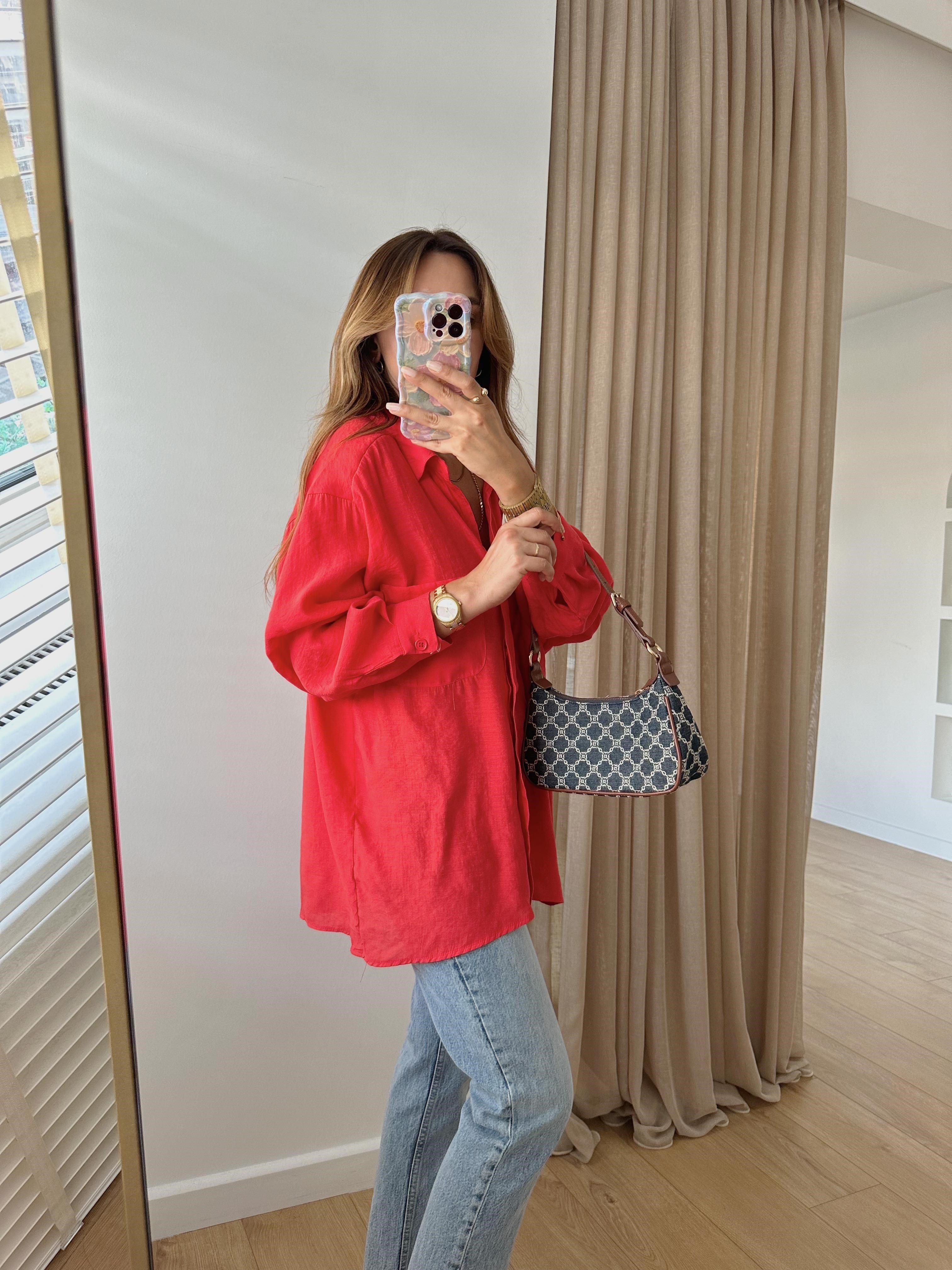 Amy Kırmızı Tensel Oversize Gömlek