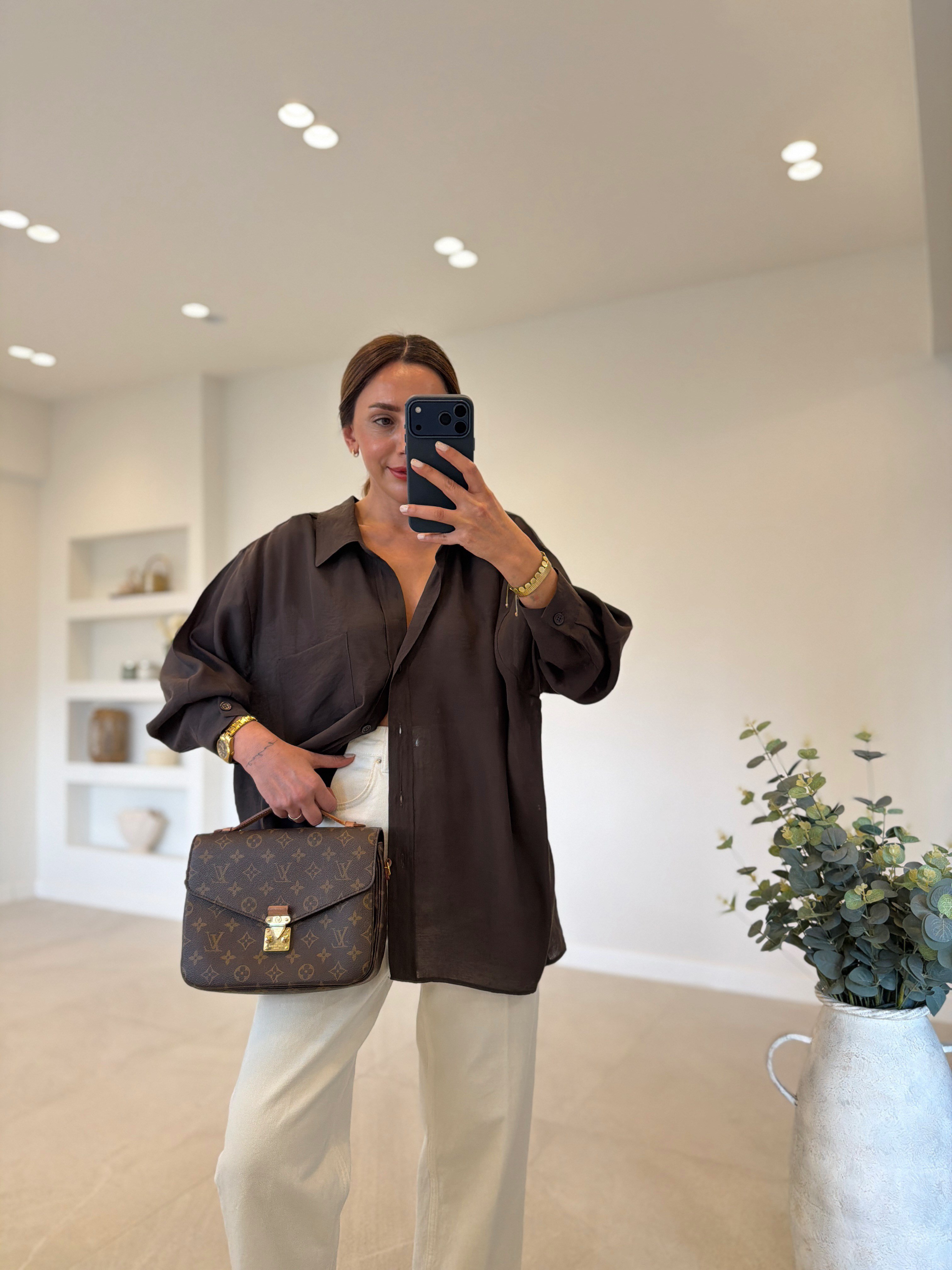 Amy Koyu Kahve Tensel Oversize Gömlek