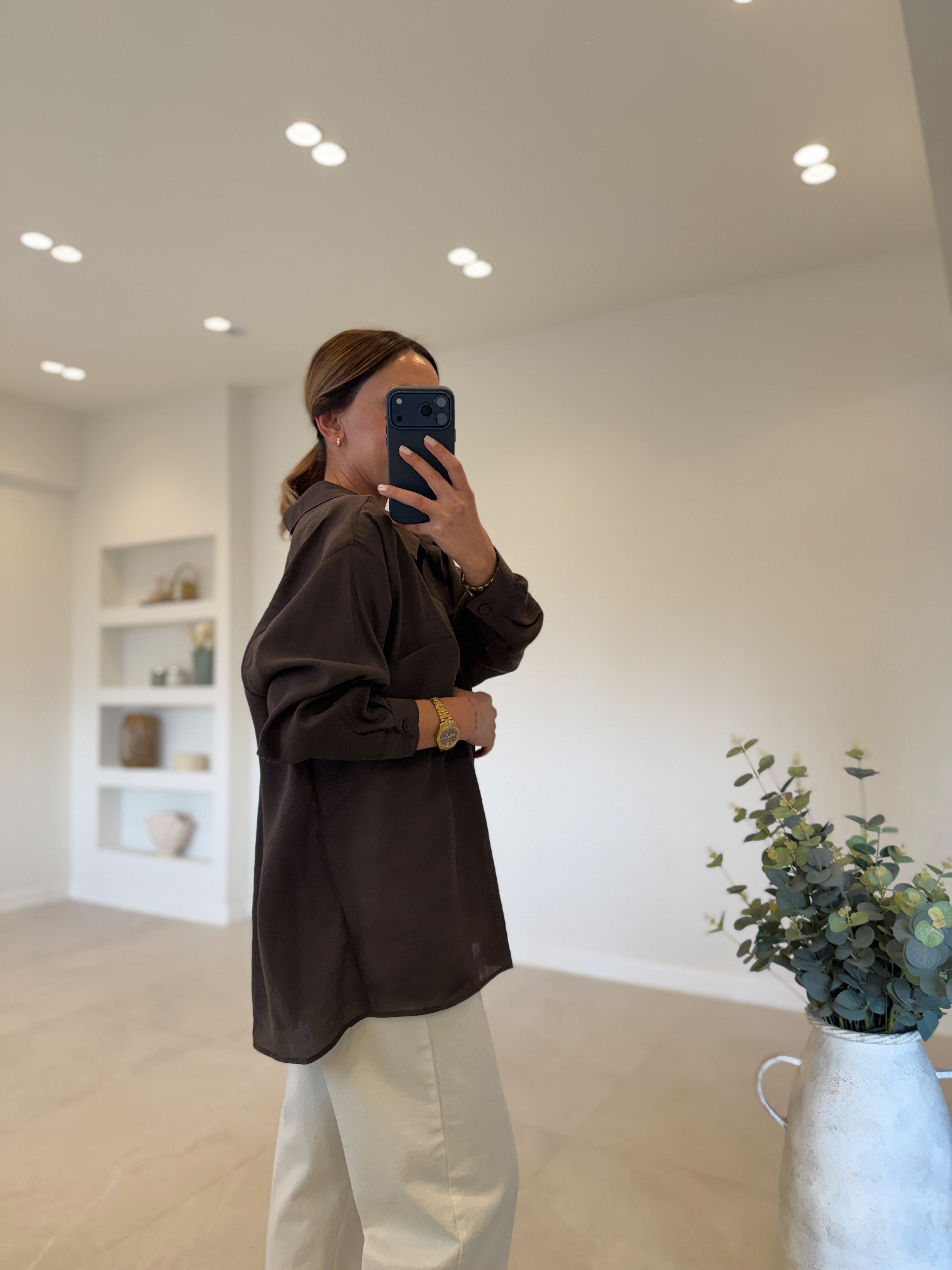 Amy Koyu Kahve Tensel Oversize Gömlek