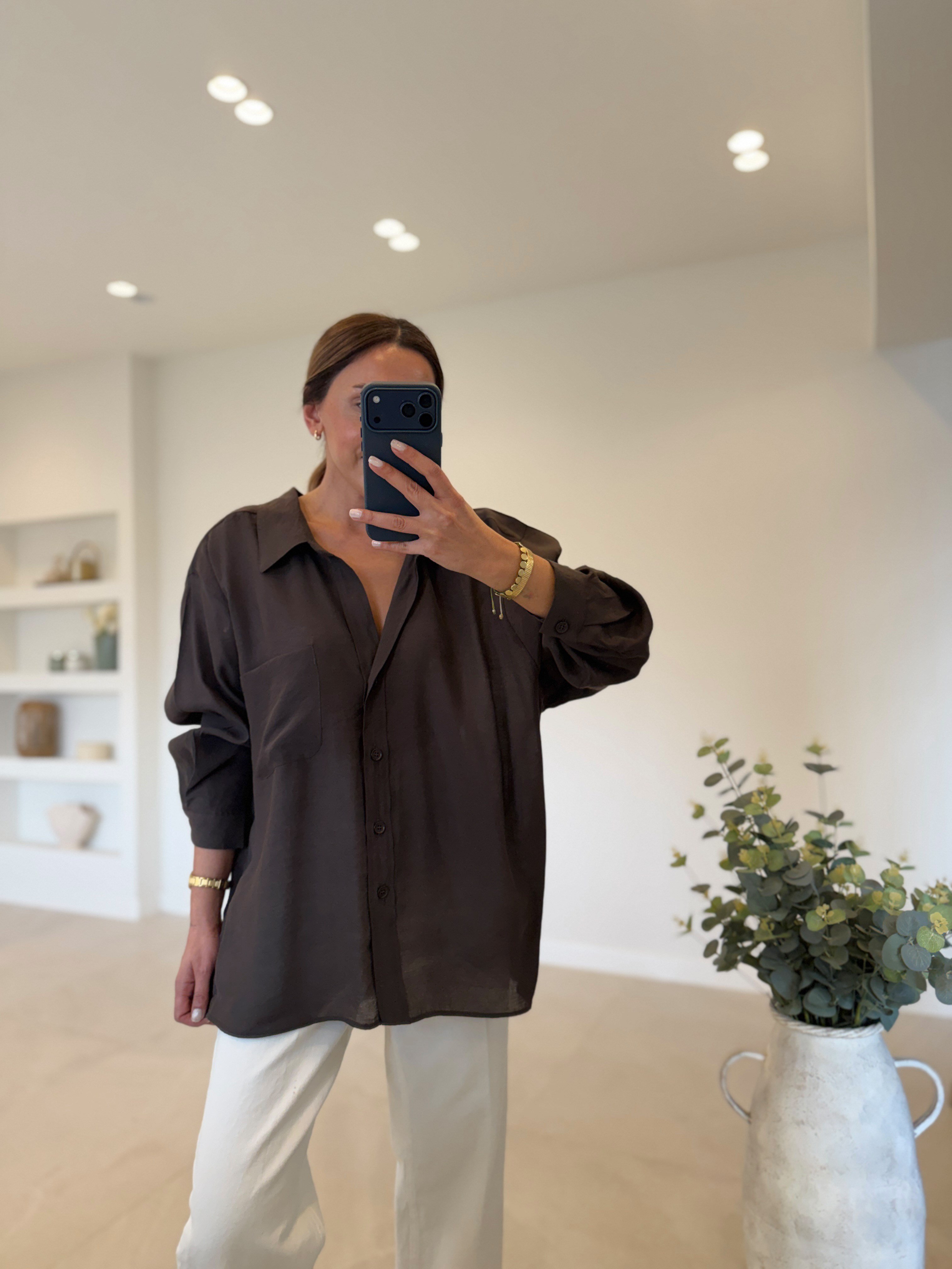 Amy Koyu Kahve Tensel Oversize Gömlek