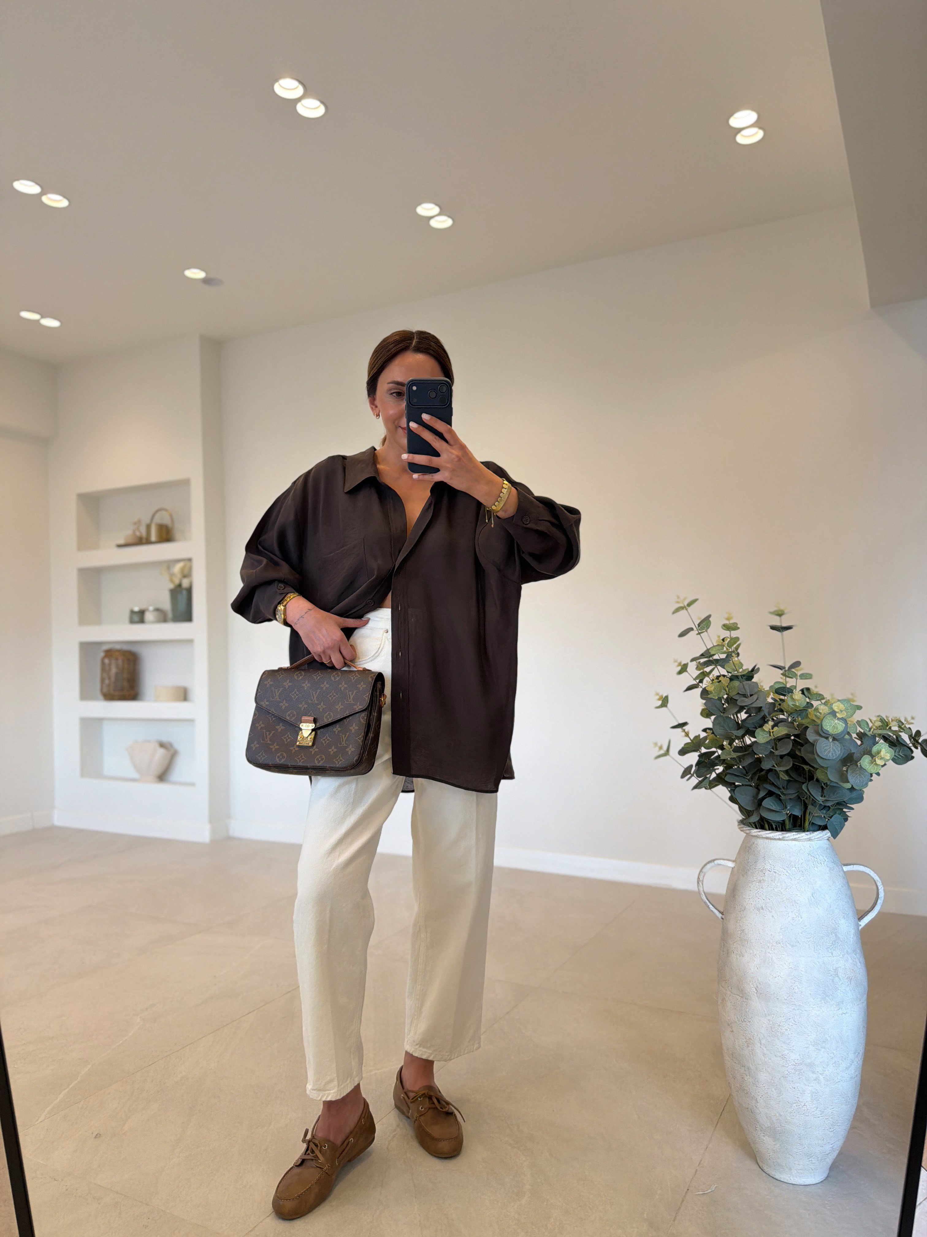 Amy Koyu Kahve Tensel Oversize Gömlek