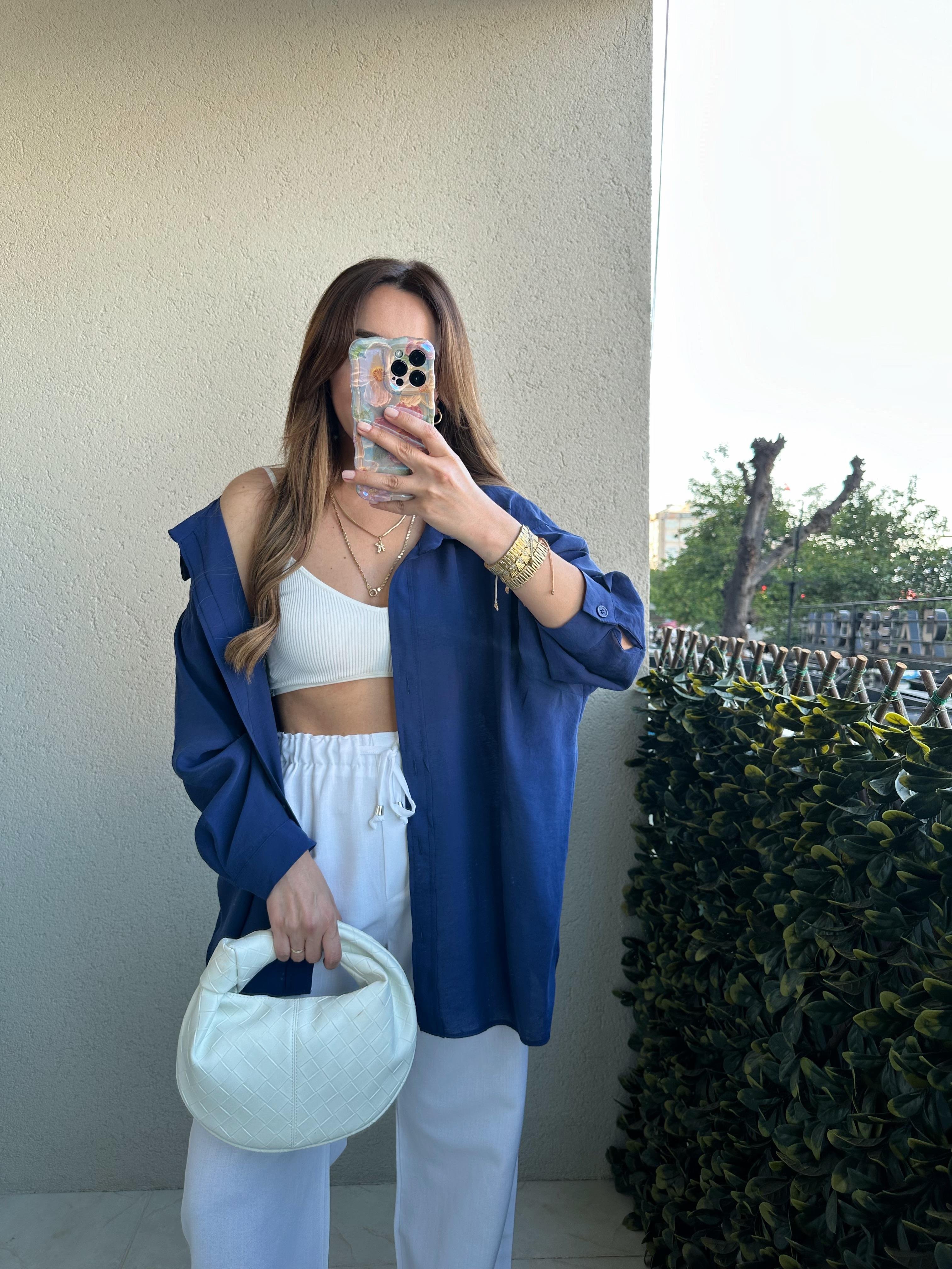 AMY LACİVERT TENSEL OVERSİZE GÖMLEK
