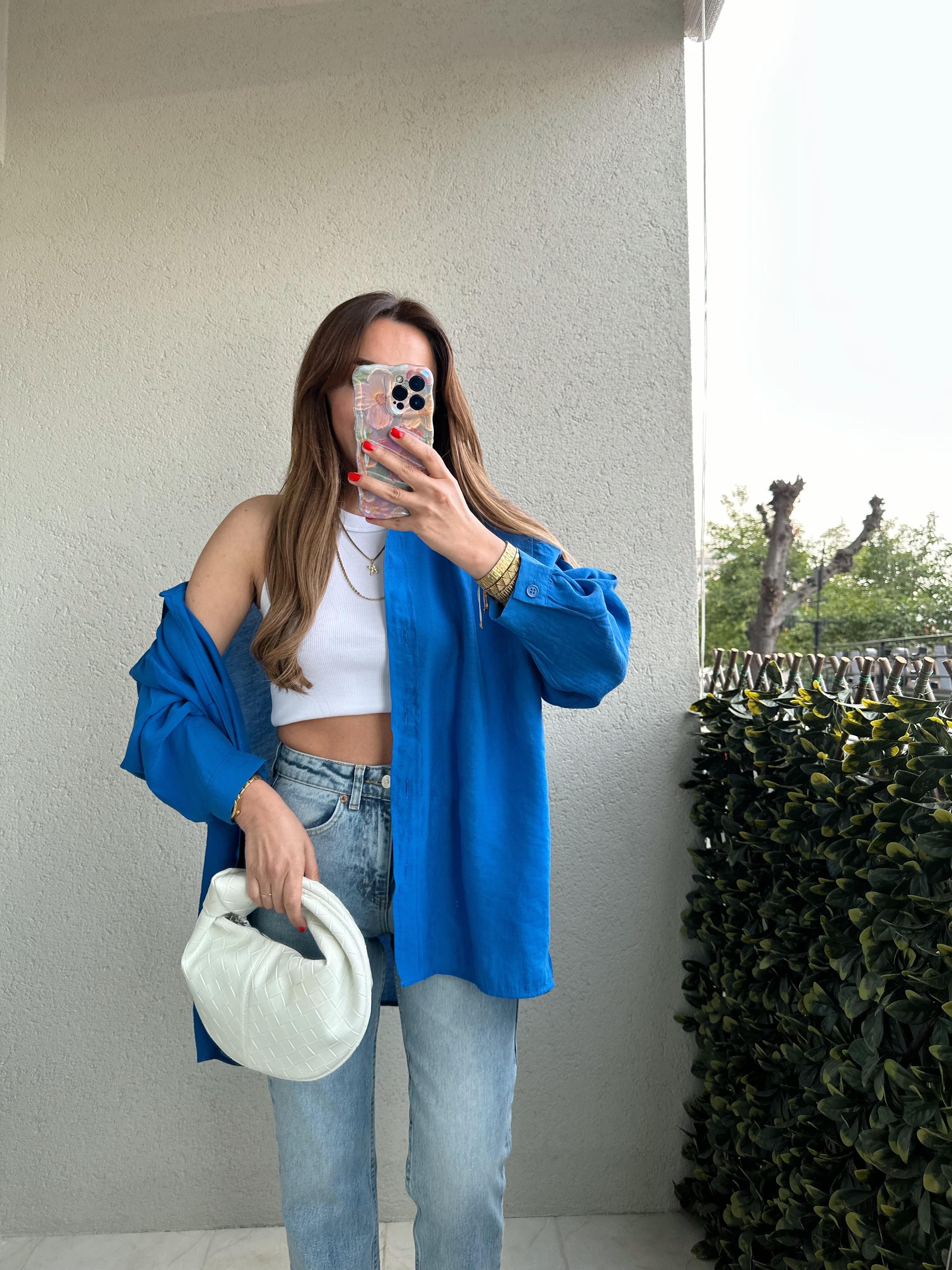 AMY SAKS MAVİ TENSEL OVERSİZE GÖMLEK