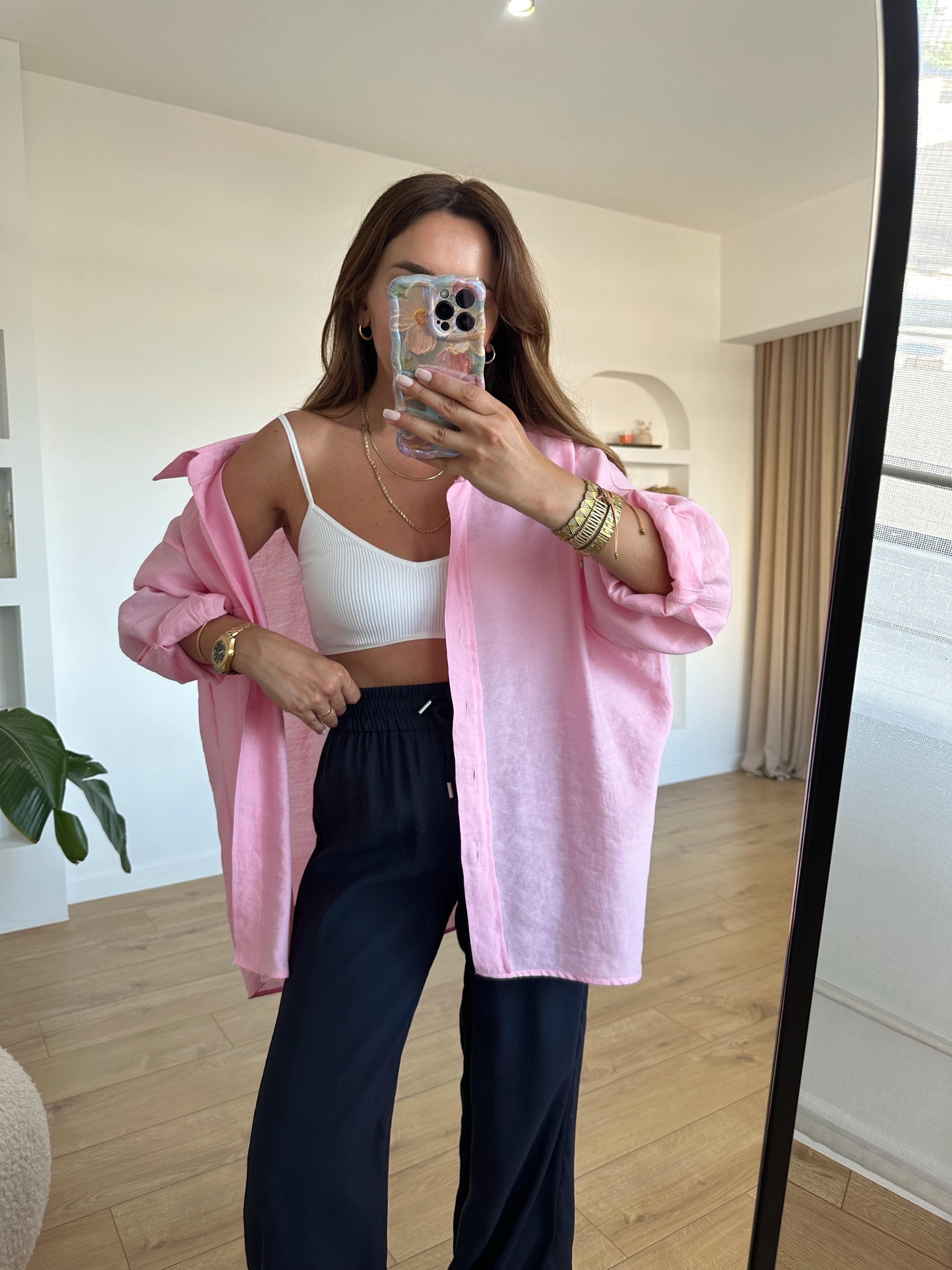 AMY ŞEKER PEMBE TENSEL OVERSİZE GÖMLEK