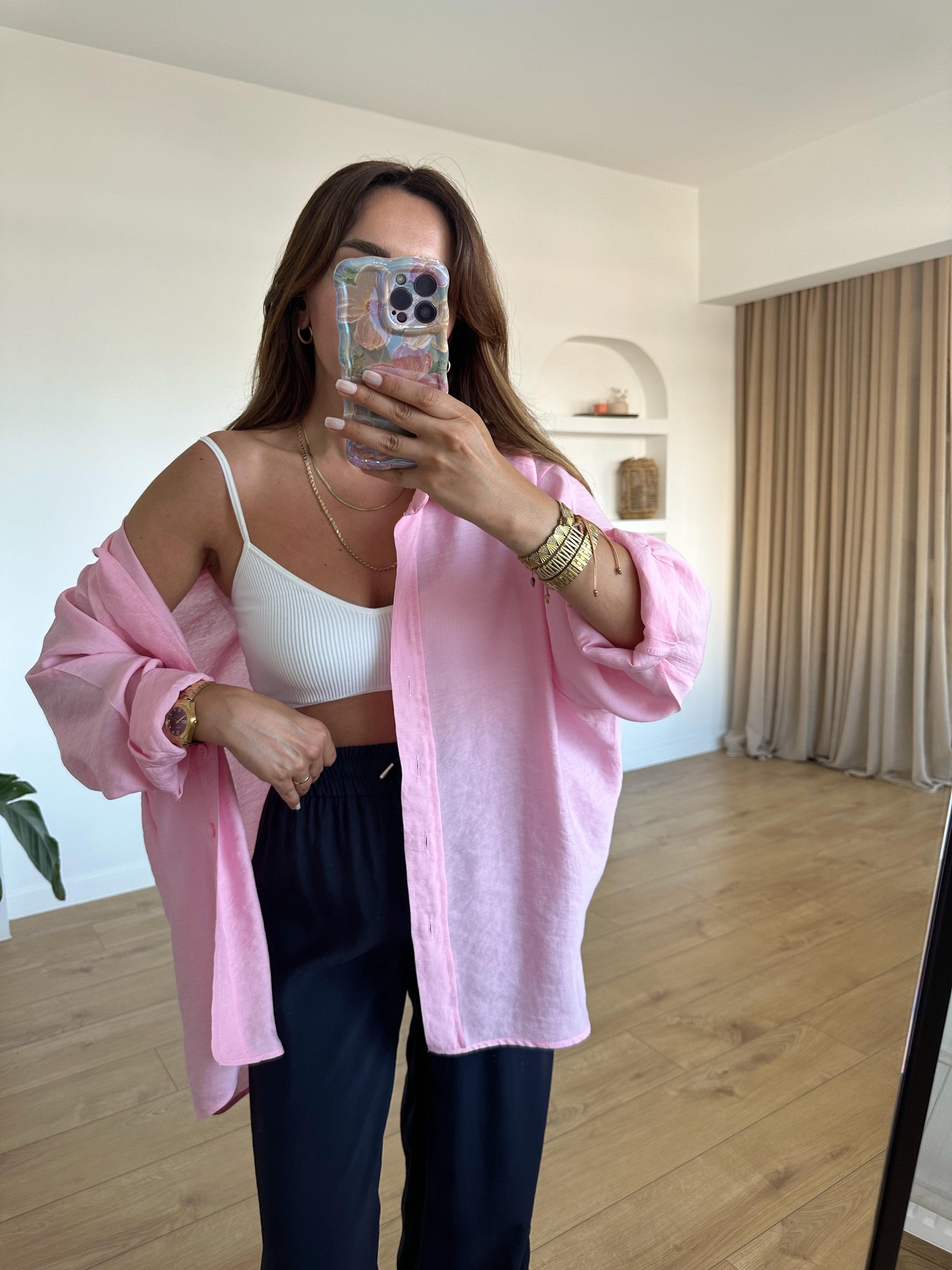 AMY ŞEKER PEMBE TENSEL OVERSİZE GÖMLEK