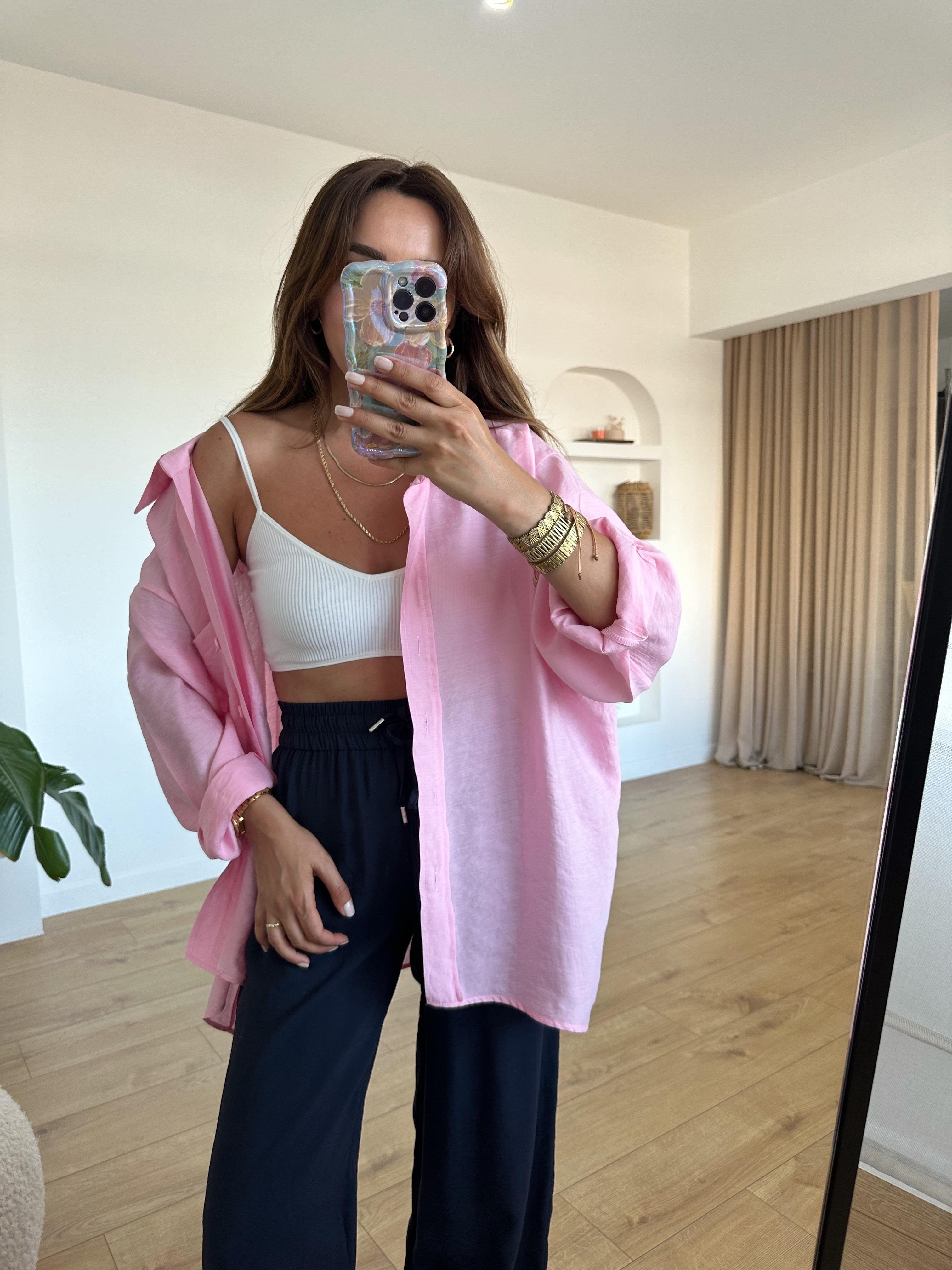 AMY ŞEKER PEMBE TENSEL OVERSİZE GÖMLEK