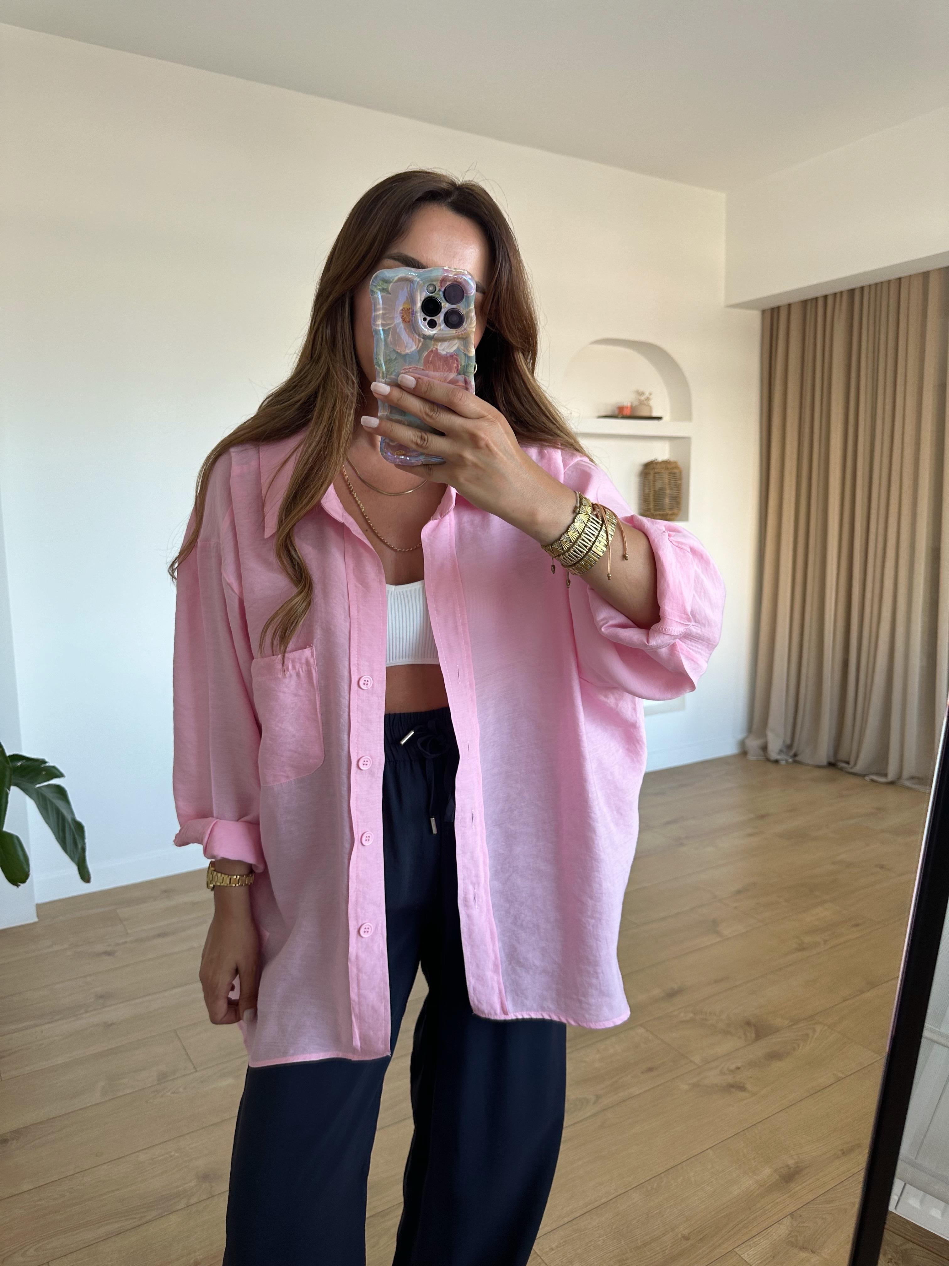 AMY ŞEKER PEMBE TENSEL OVERSİZE GÖMLEK