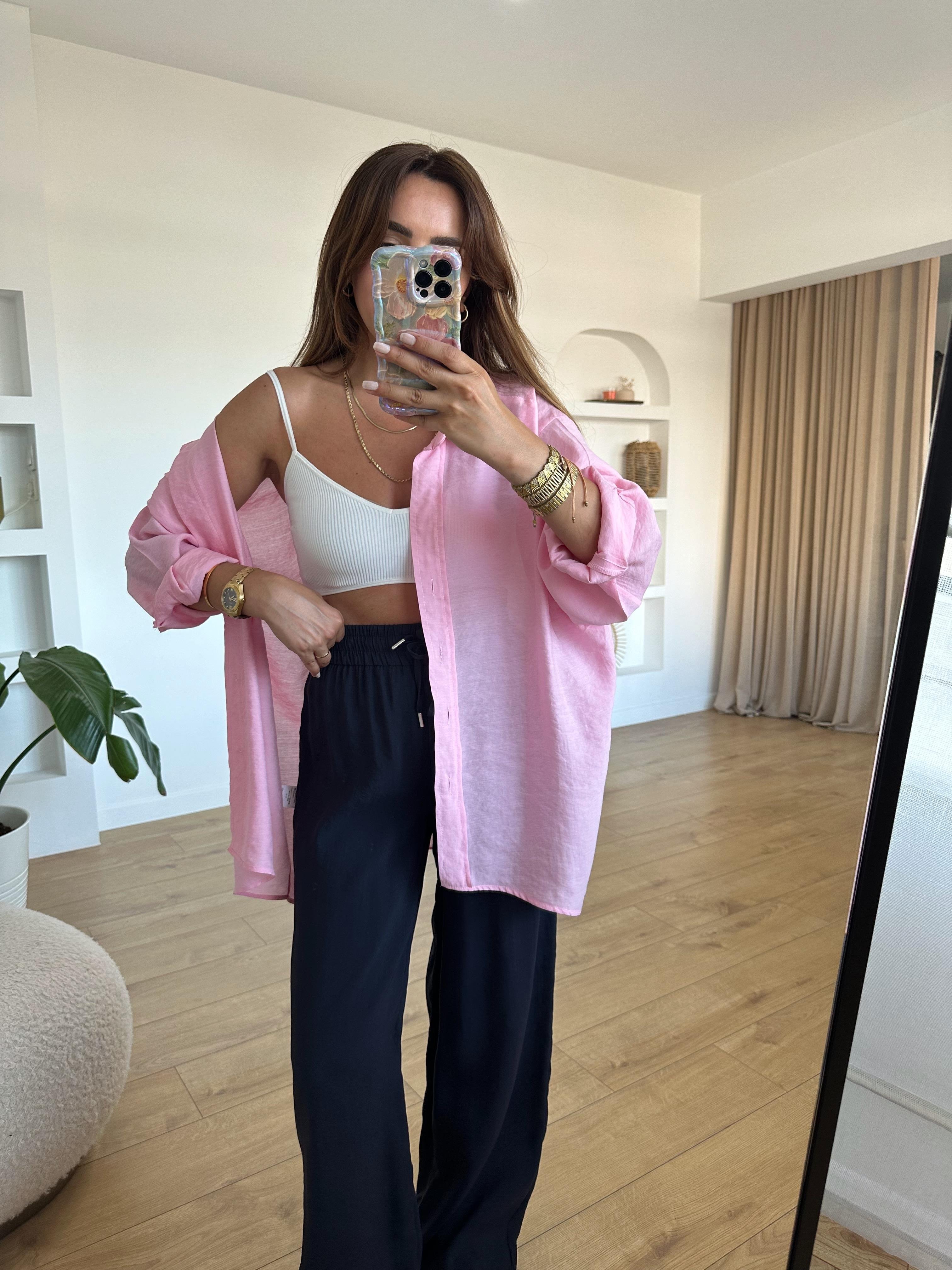 AMY ŞEKER PEMBE TENSEL OVERSİZE GÖMLEK