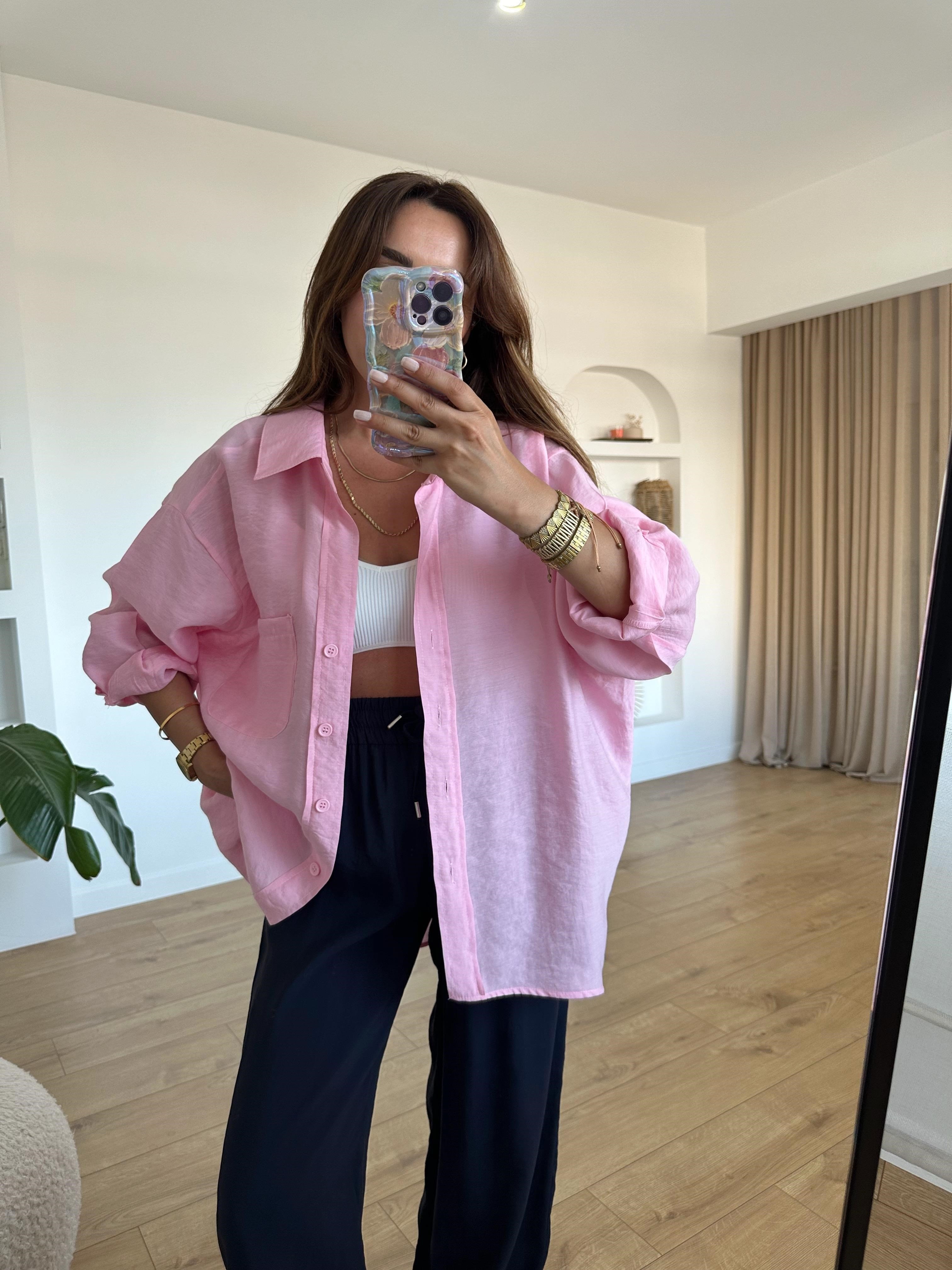 AMY ŞEKER PEMBE TENSEL OVERSİZE GÖMLEK