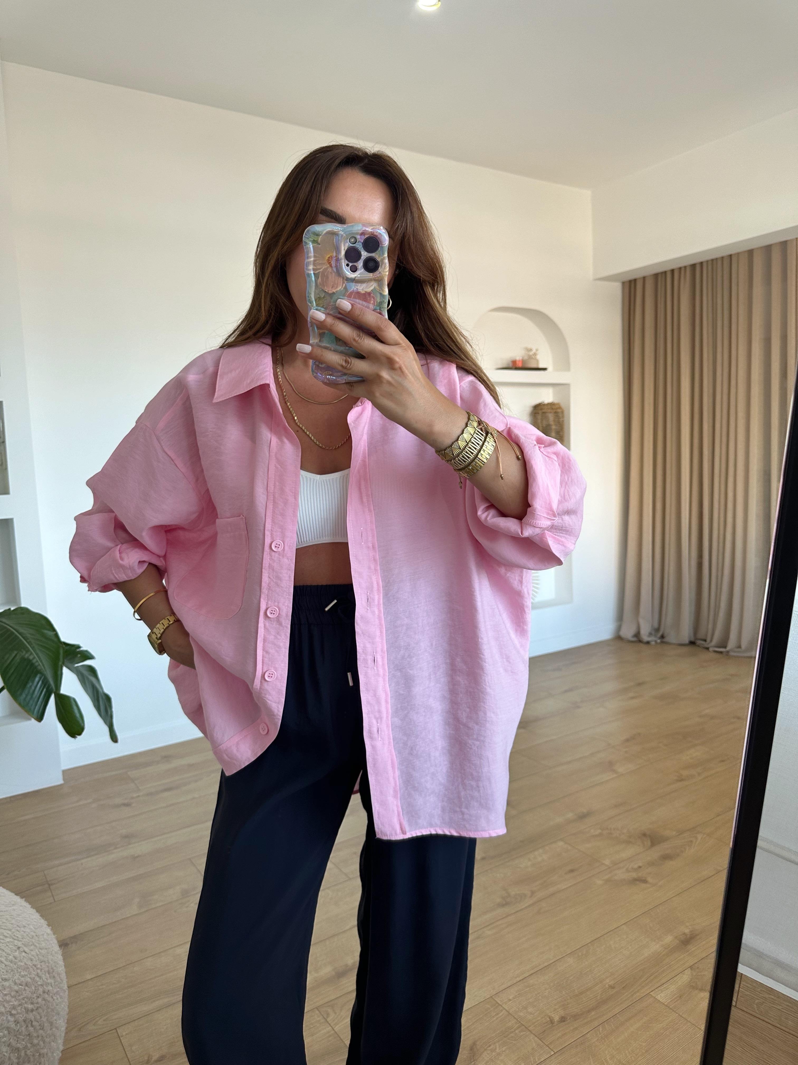 AMY ŞEKER PEMBE TENSEL OVERSİZE GÖMLEK