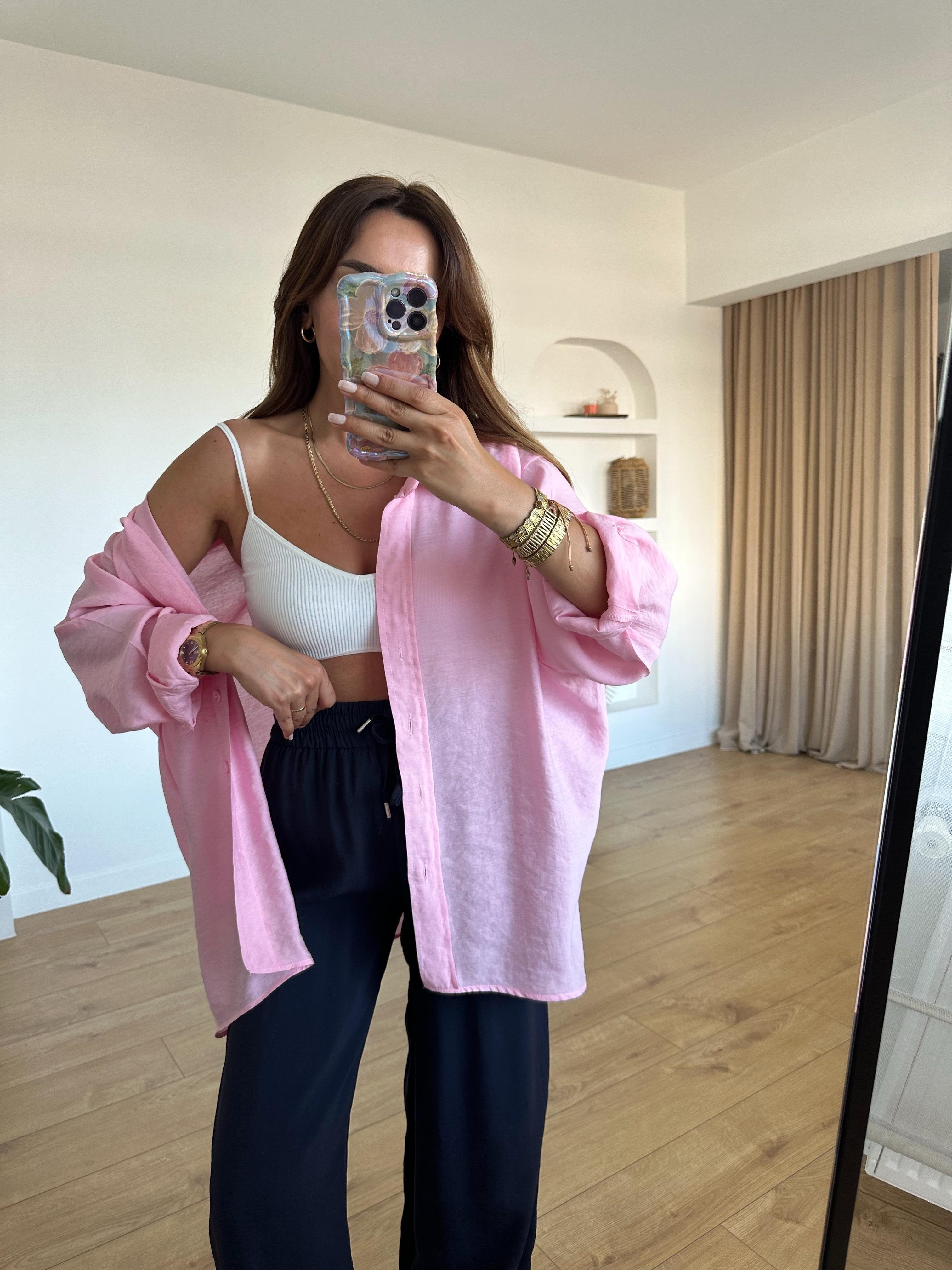 AMY ŞEKER PEMBE TENSEL OVERSİZE GÖMLEK