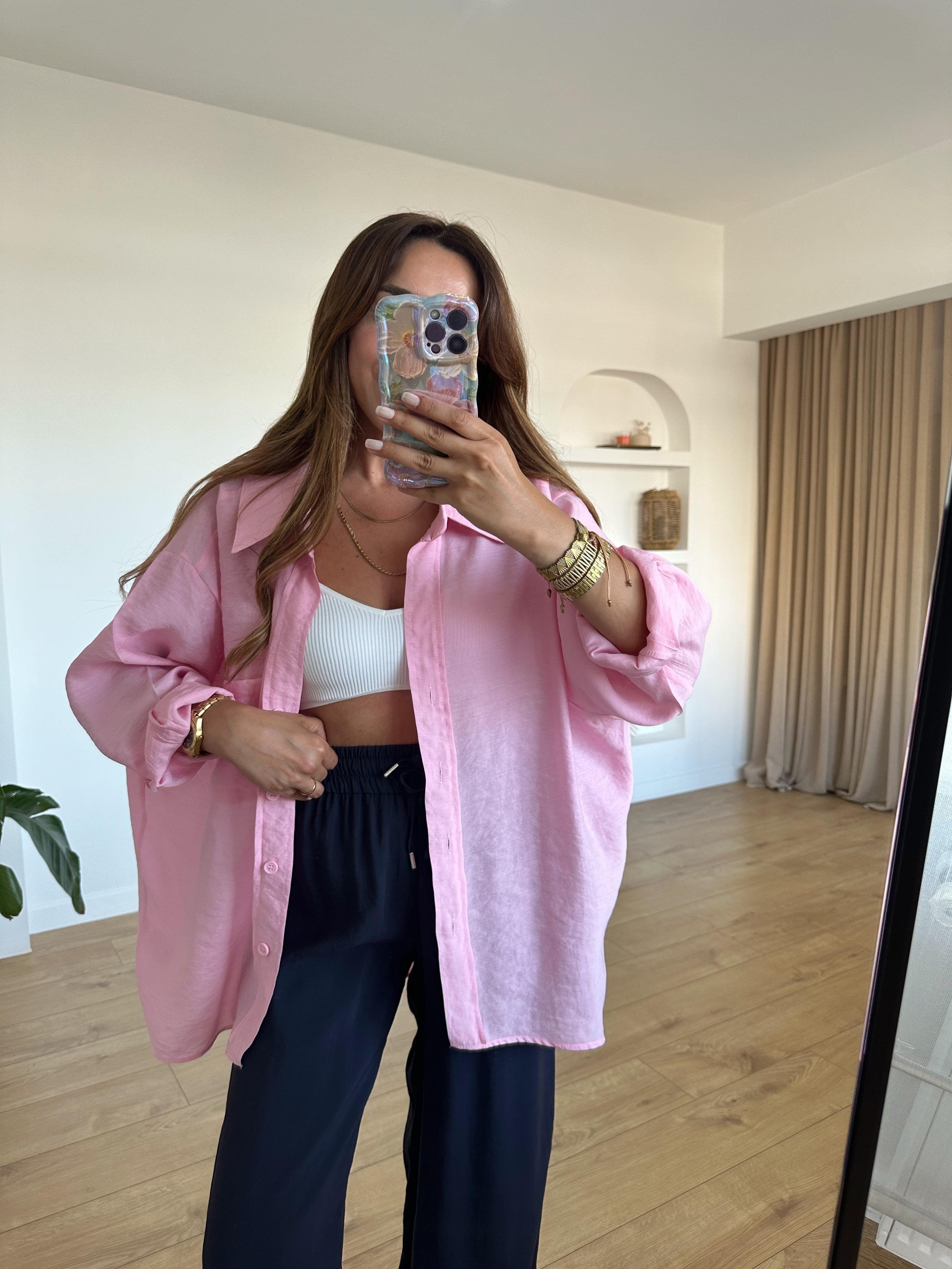 AMY ŞEKER PEMBE TENSEL OVERSİZE GÖMLEK