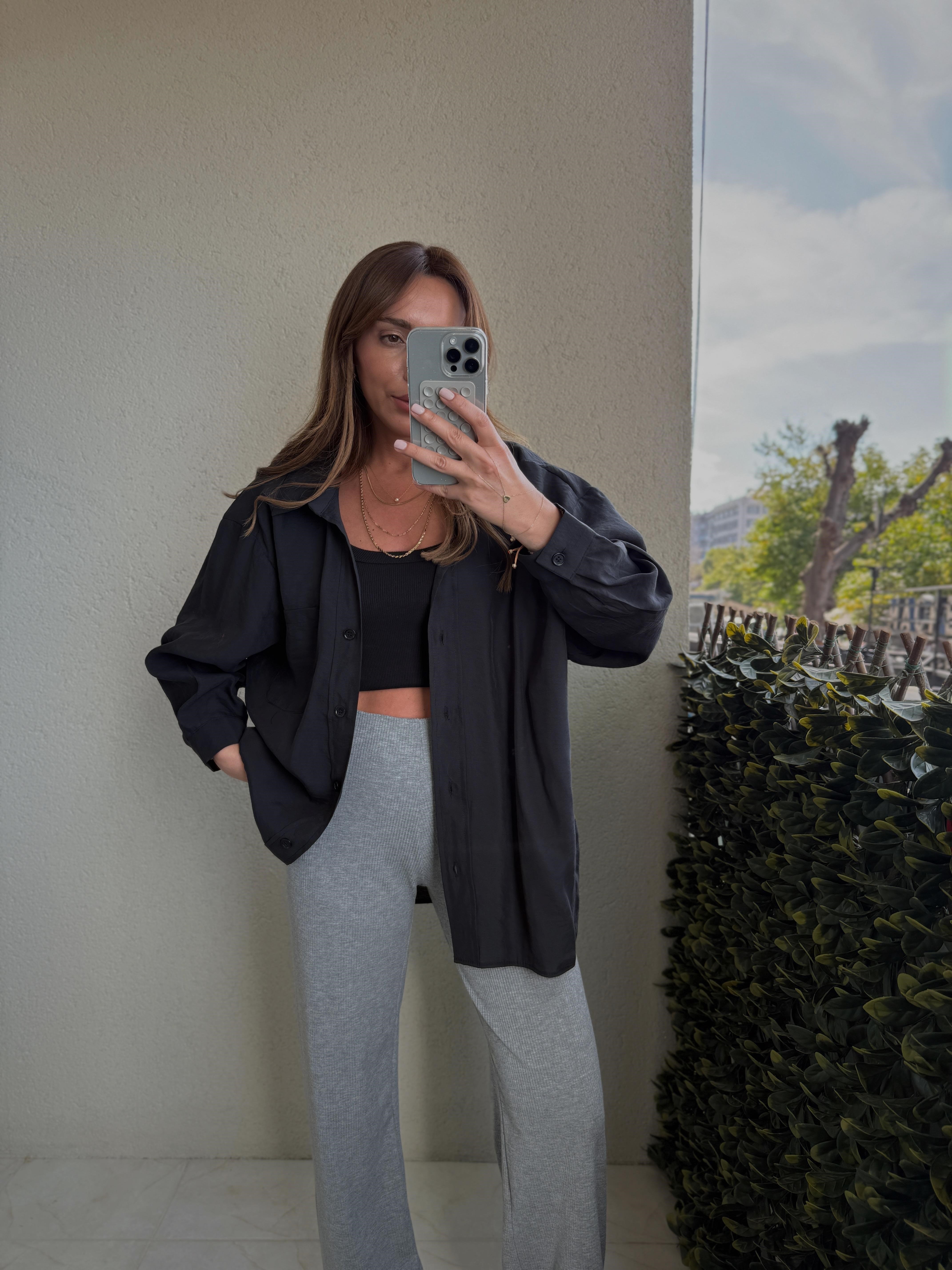Amy Siyah Tensel Oversize Gömlek