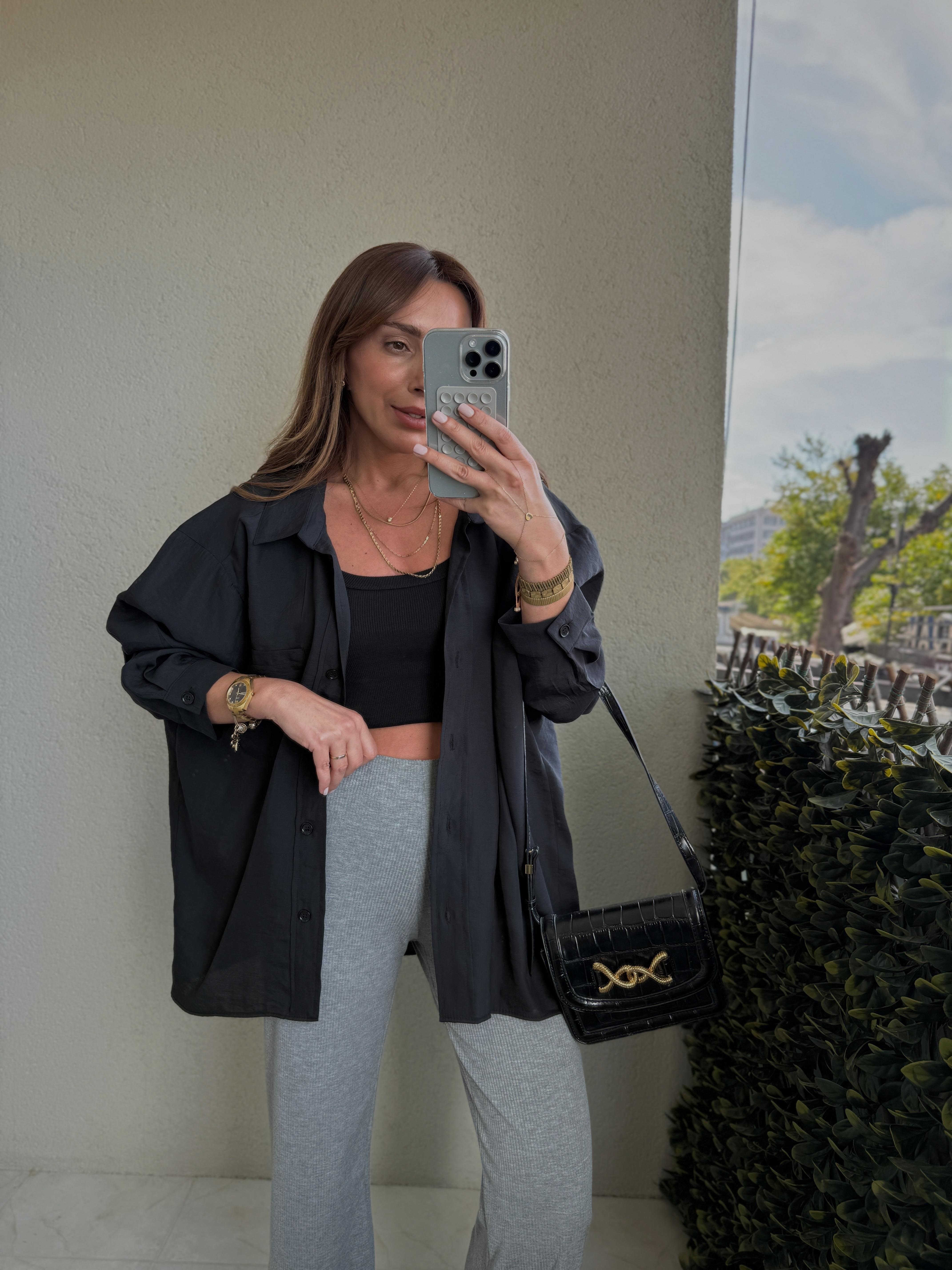 Amy Siyah Tensel Oversize Gömlek