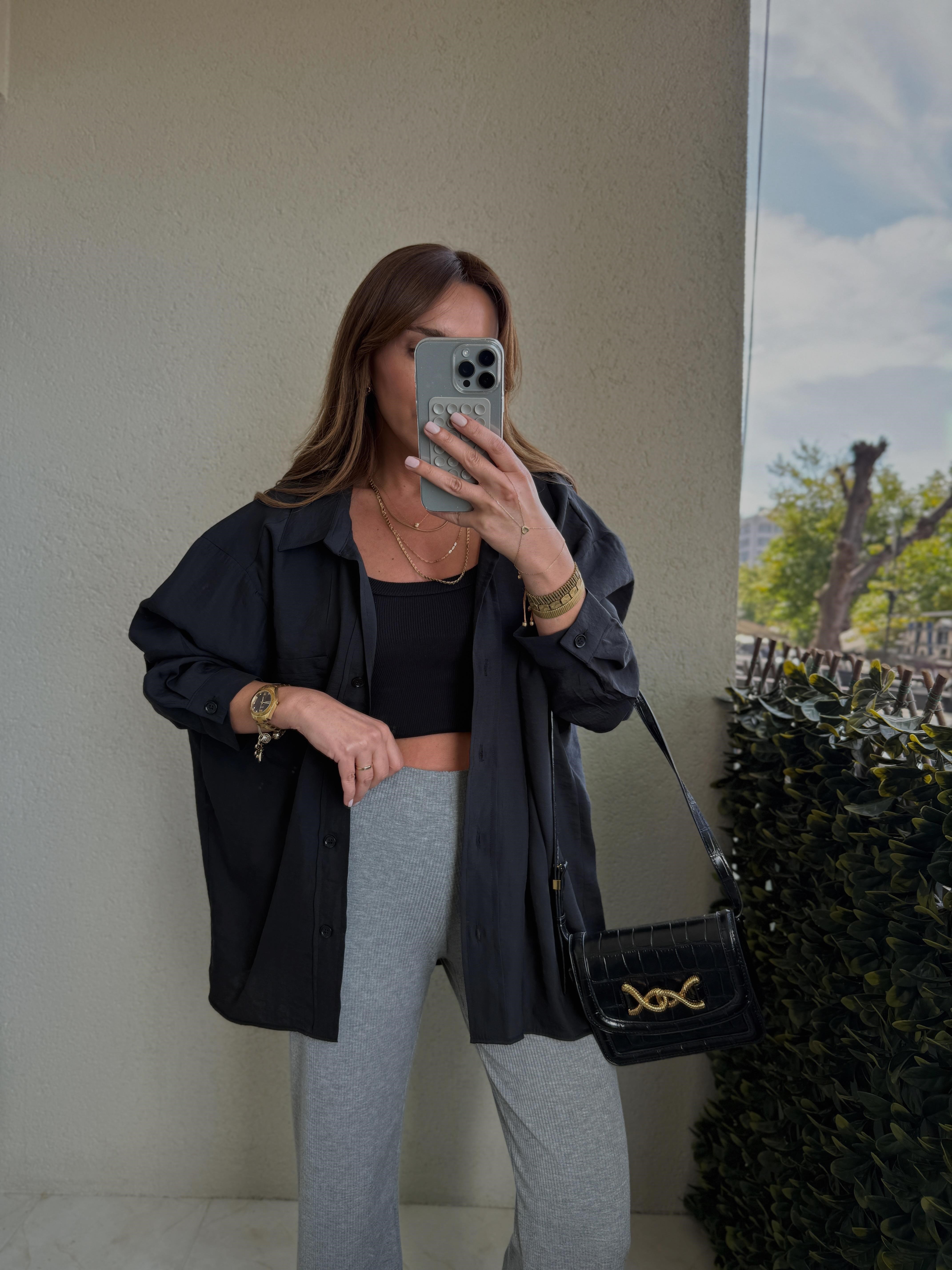 Amy Siyah Tensel Oversize Gömlek