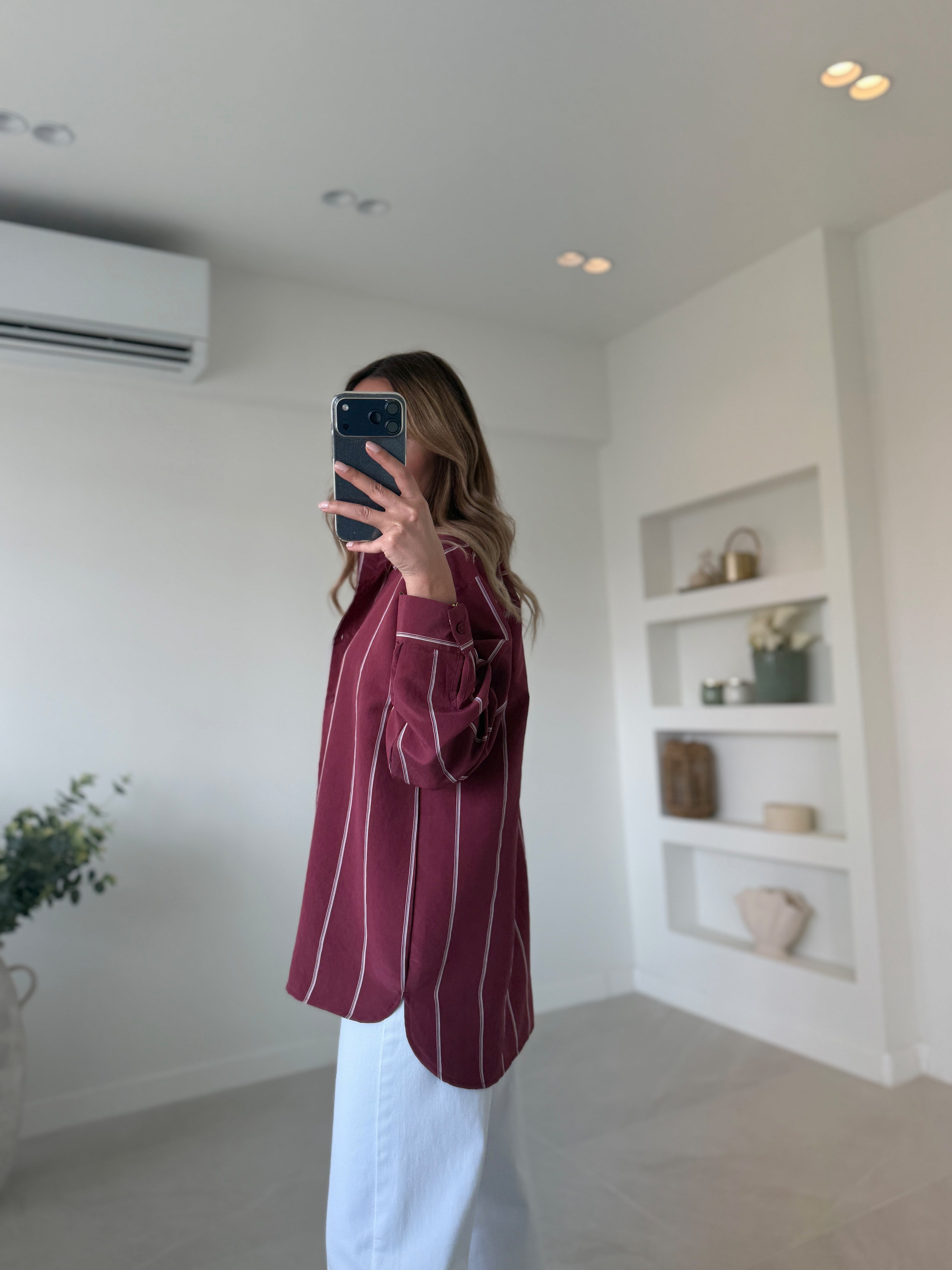 Anna Lcst Muadil Çizgili Bordo Modal Gömlek
