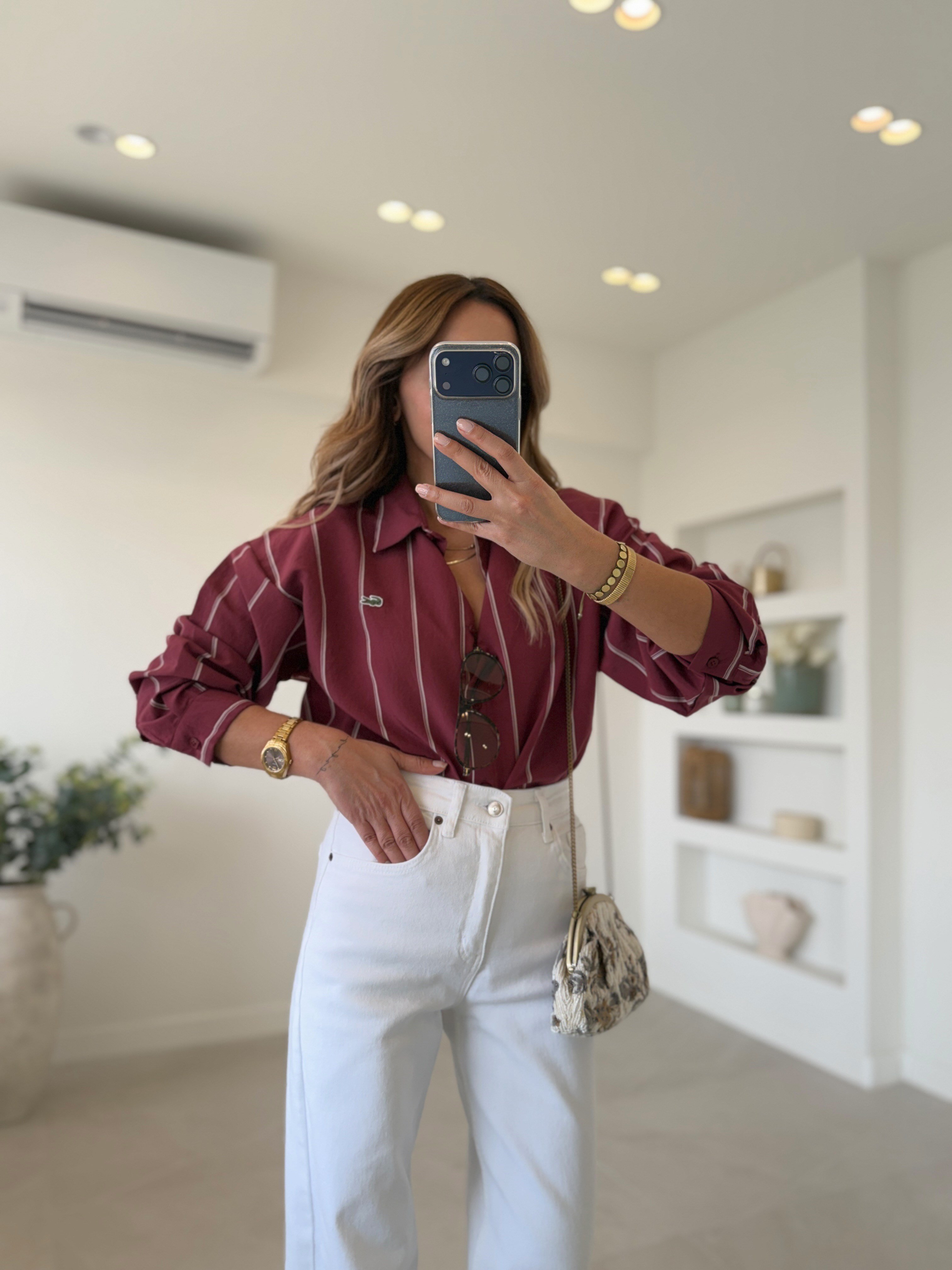 Anna Lcst Muadil Çizgili Bordo Modal Gömlek