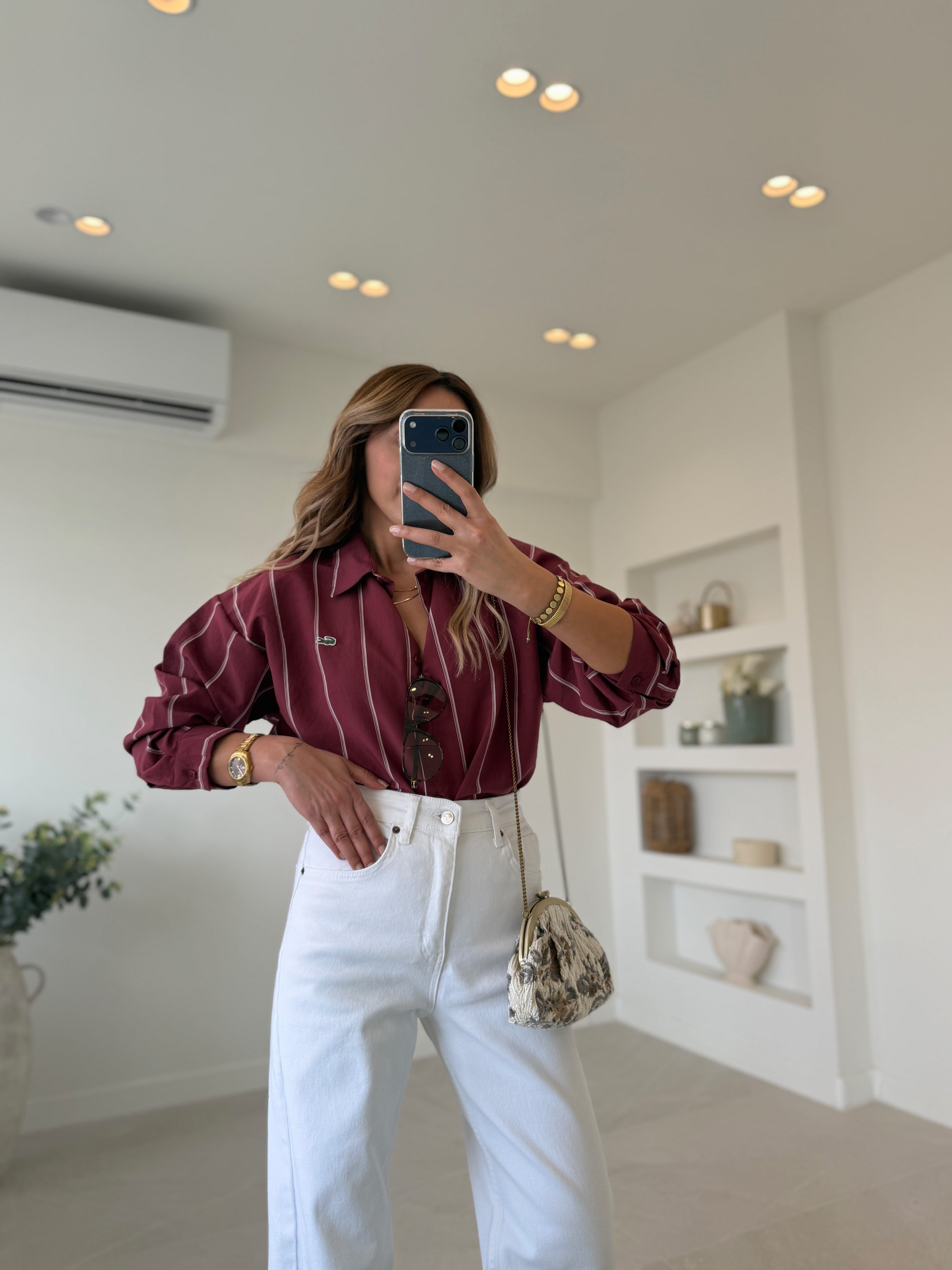 Anna Lcst Muadil Çizgili Bordo Modal Gömlek