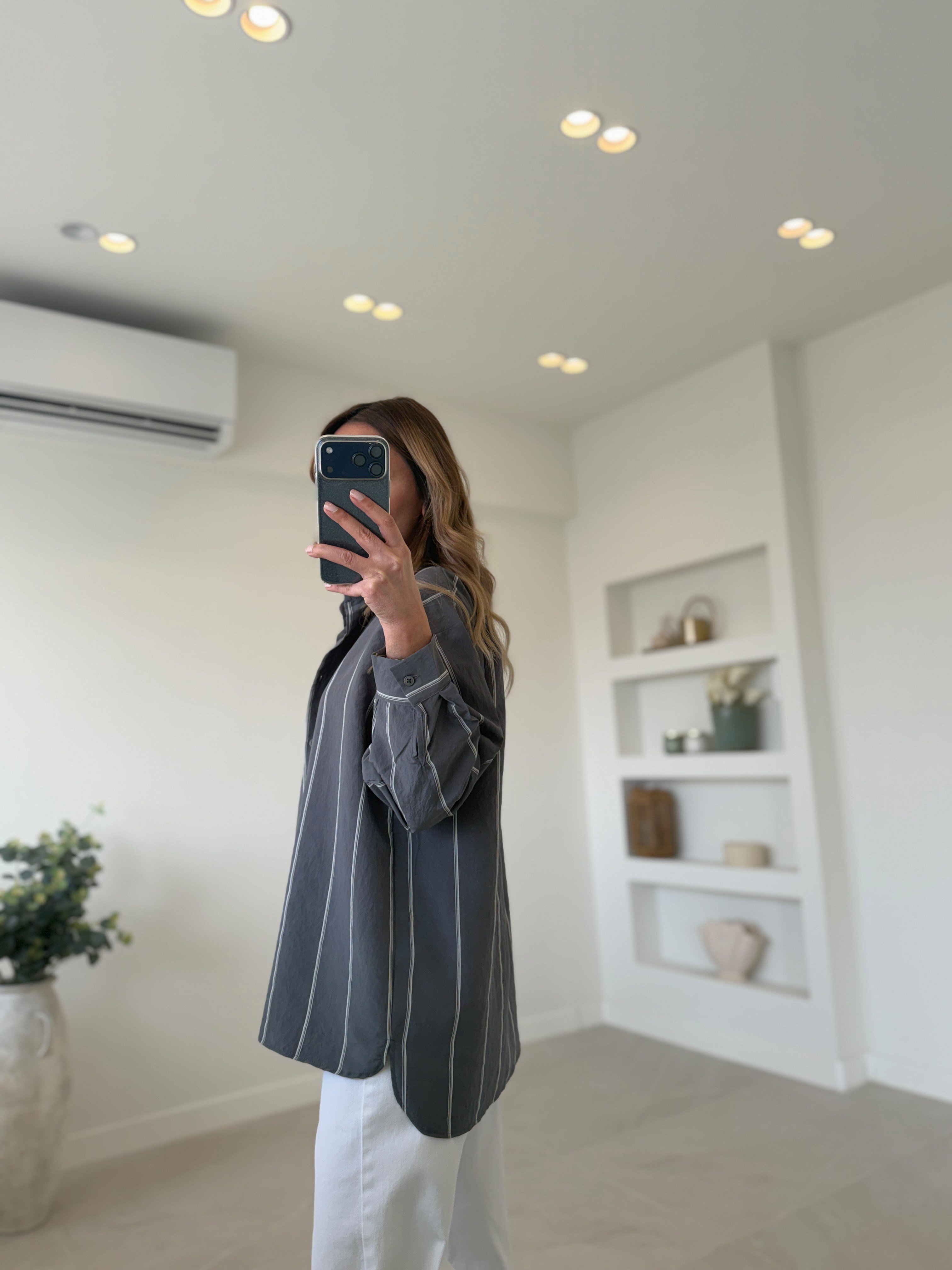 Anna Lcst Muadil Çizgili Yeşil Modal Gömlek