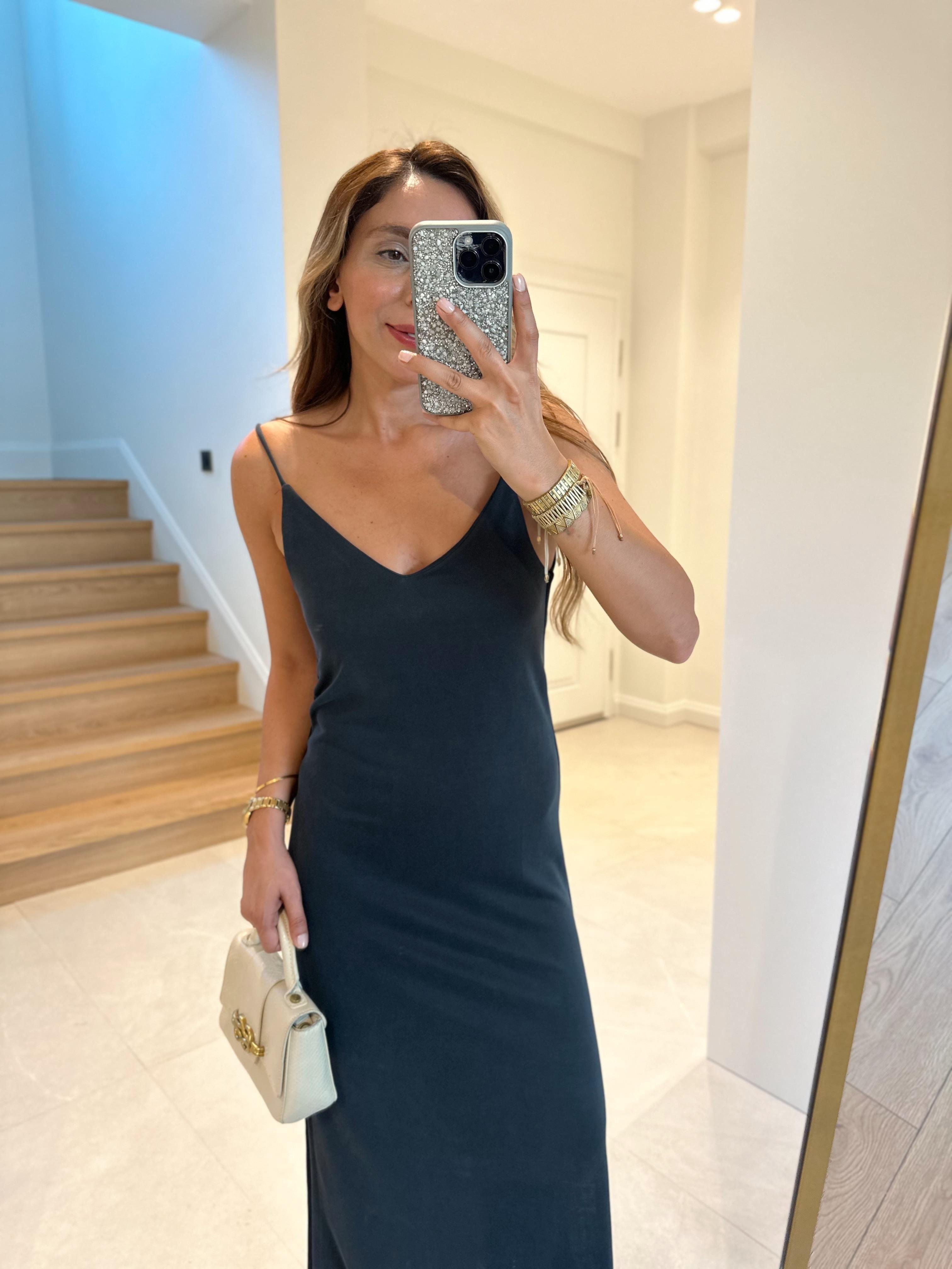 Antrasit Askılı Pike Modal Yırtmaçlı Elbise