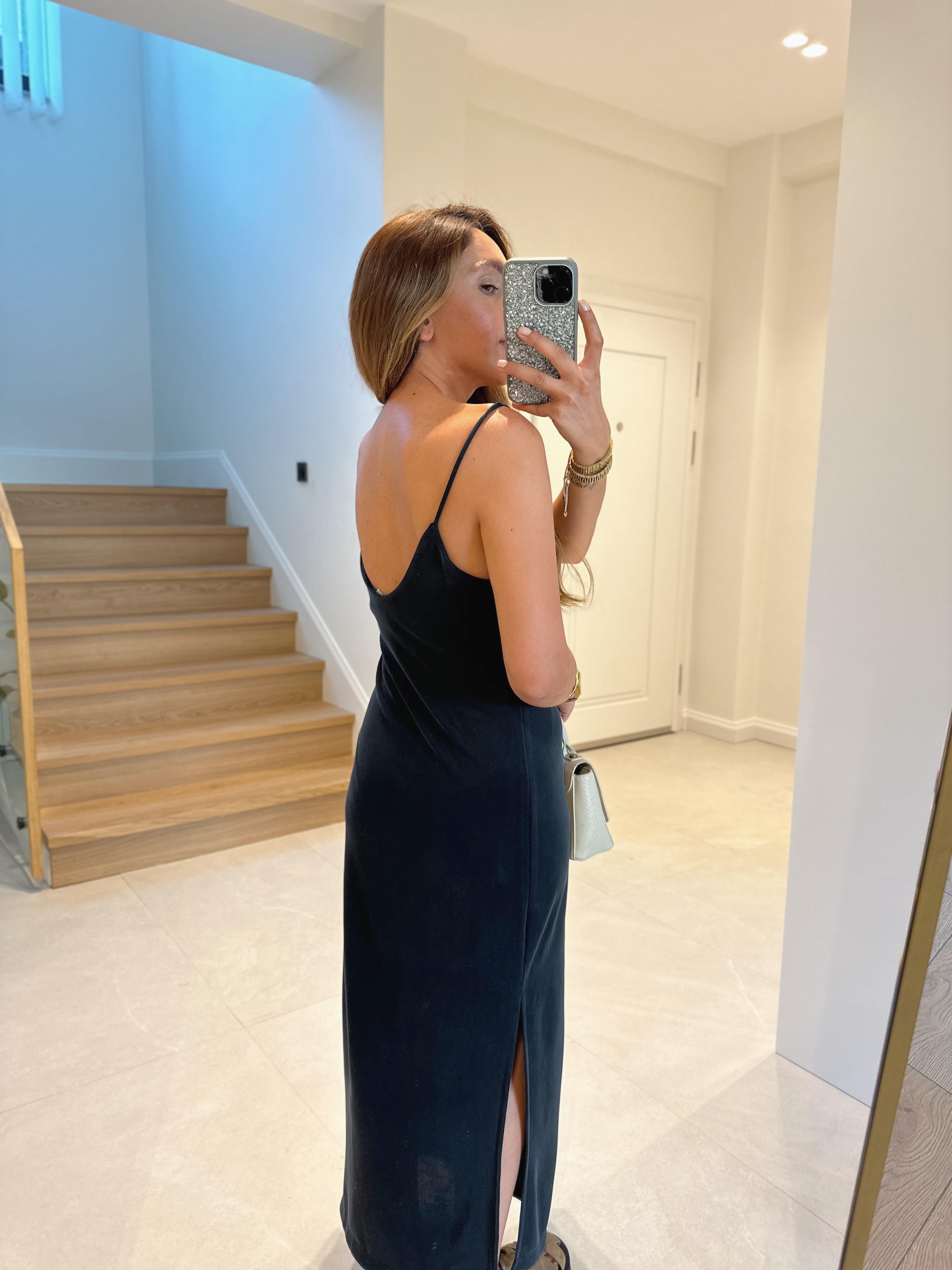 Antrasit Askılı Pike Modal Yırtmaçlı Elbise