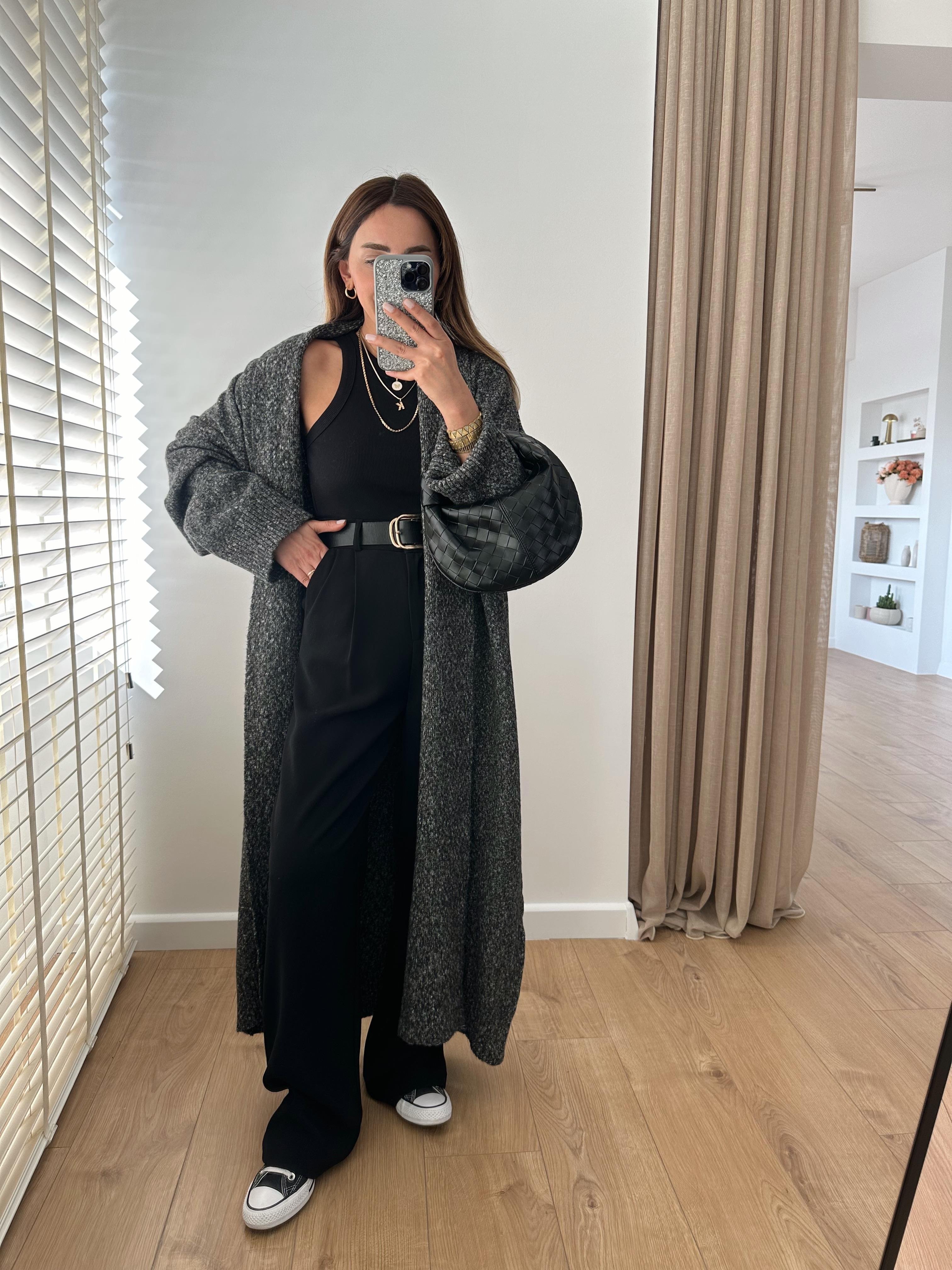 ANTRASİT KIRÇILLI ŞAL YAKA OVERSIZE UZUN HIRKA