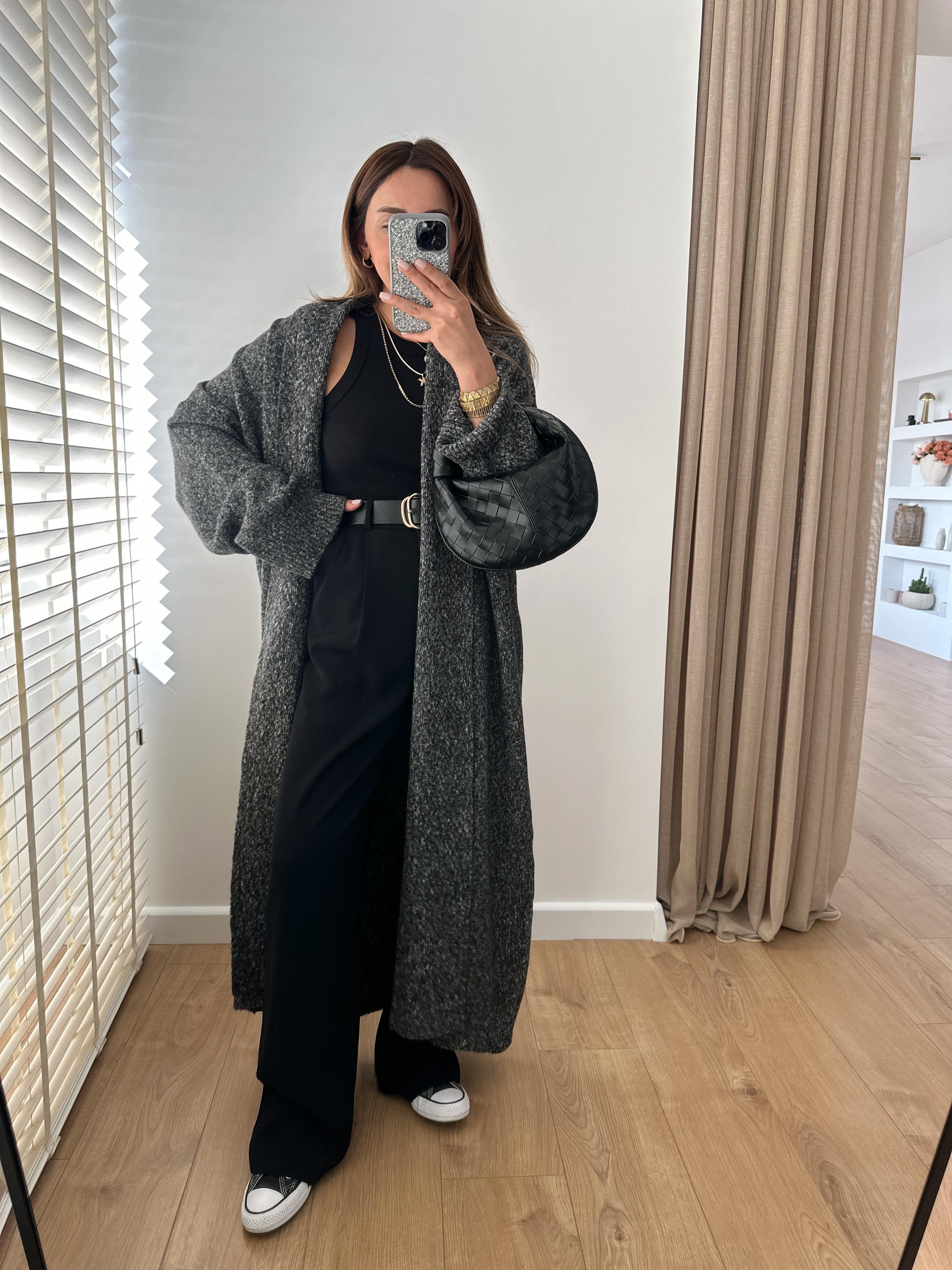 ANTRASİT KIRÇILLI ŞAL YAKA OVERSIZE UZUN HIRKA