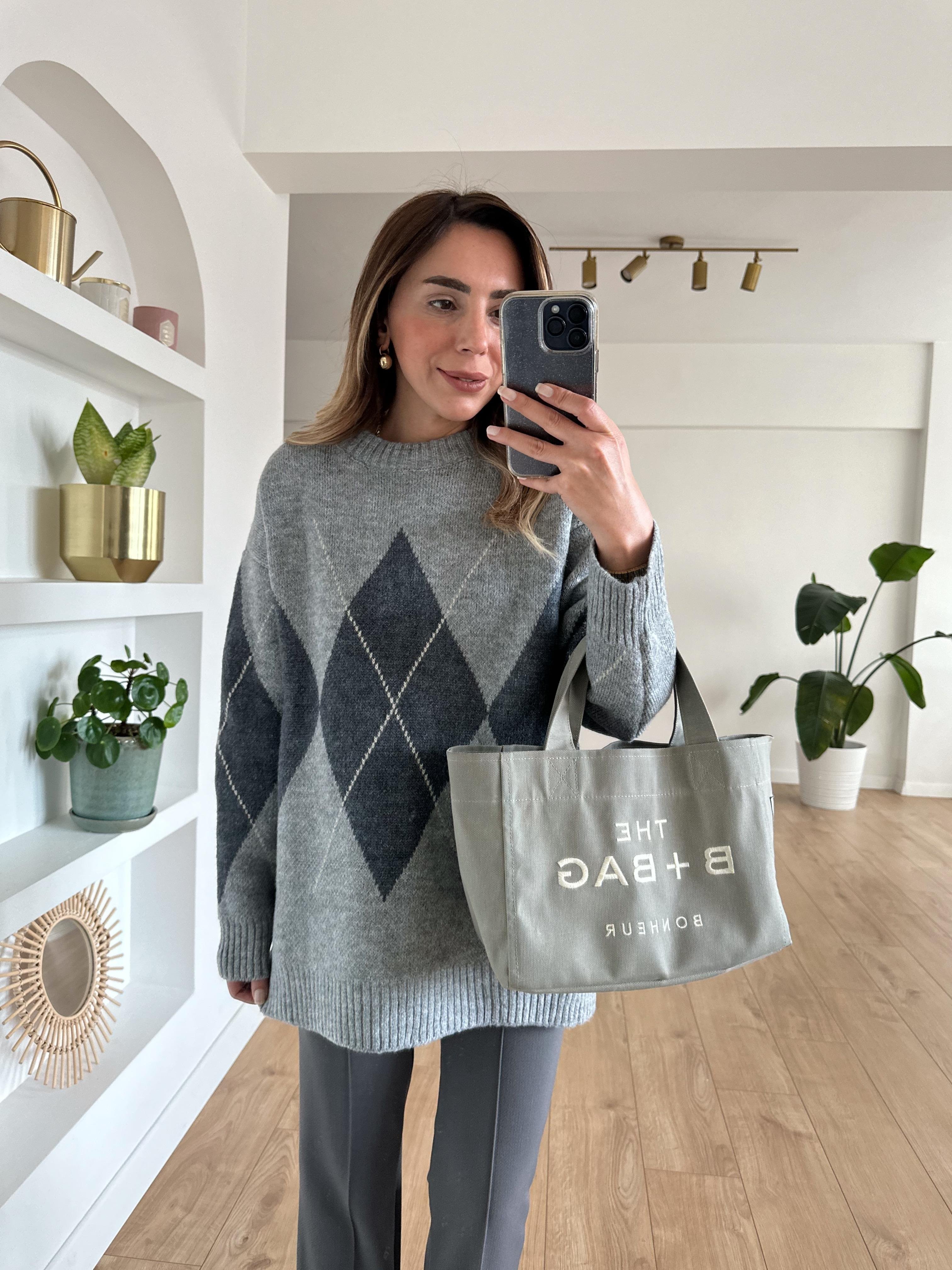 BAKLAVA DESENLİ GRİ OVERSIZE KALIN  KAZAK
