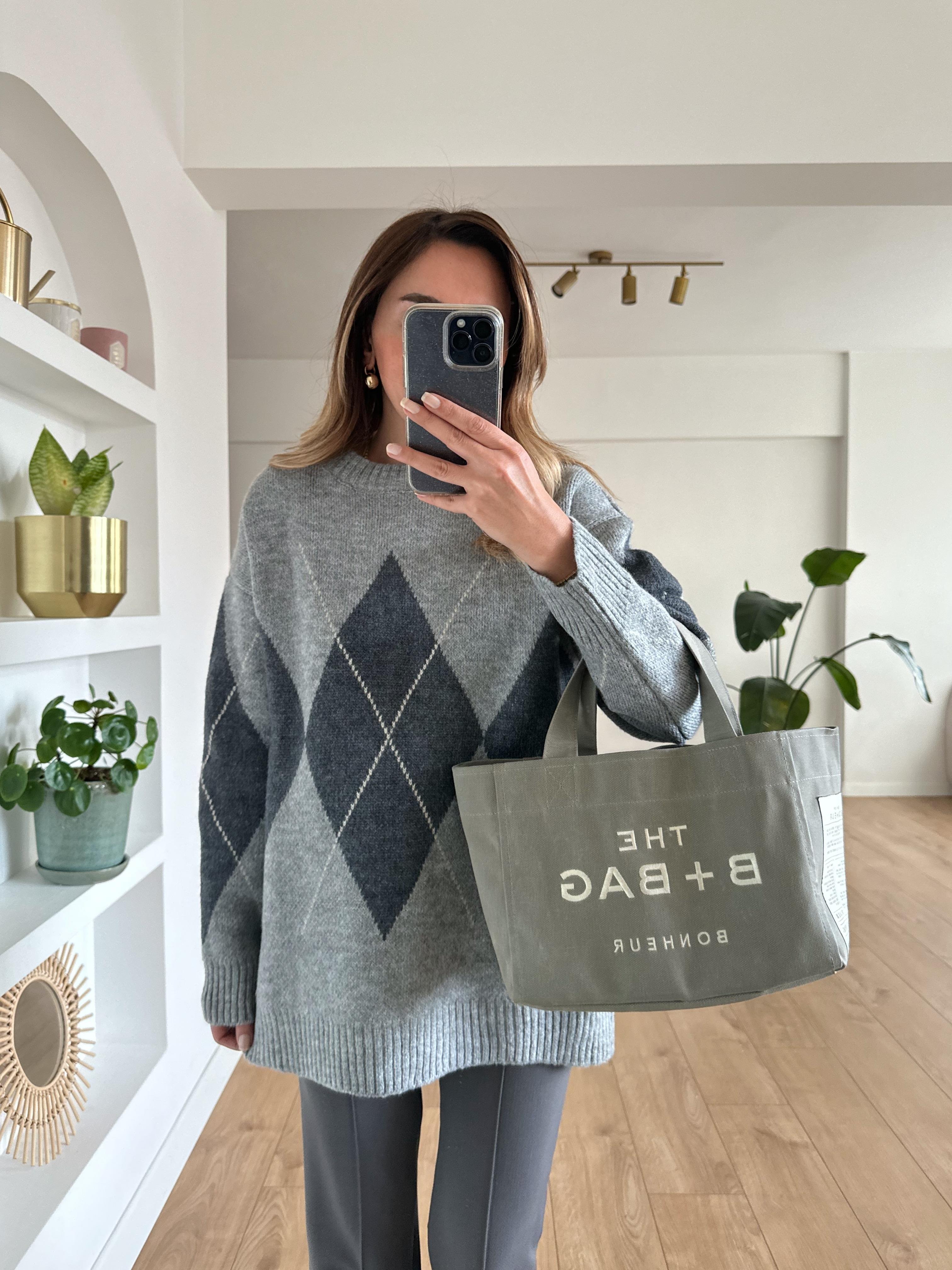 BAKLAVA DESENLİ GRİ OVERSIZE KALIN  KAZAK