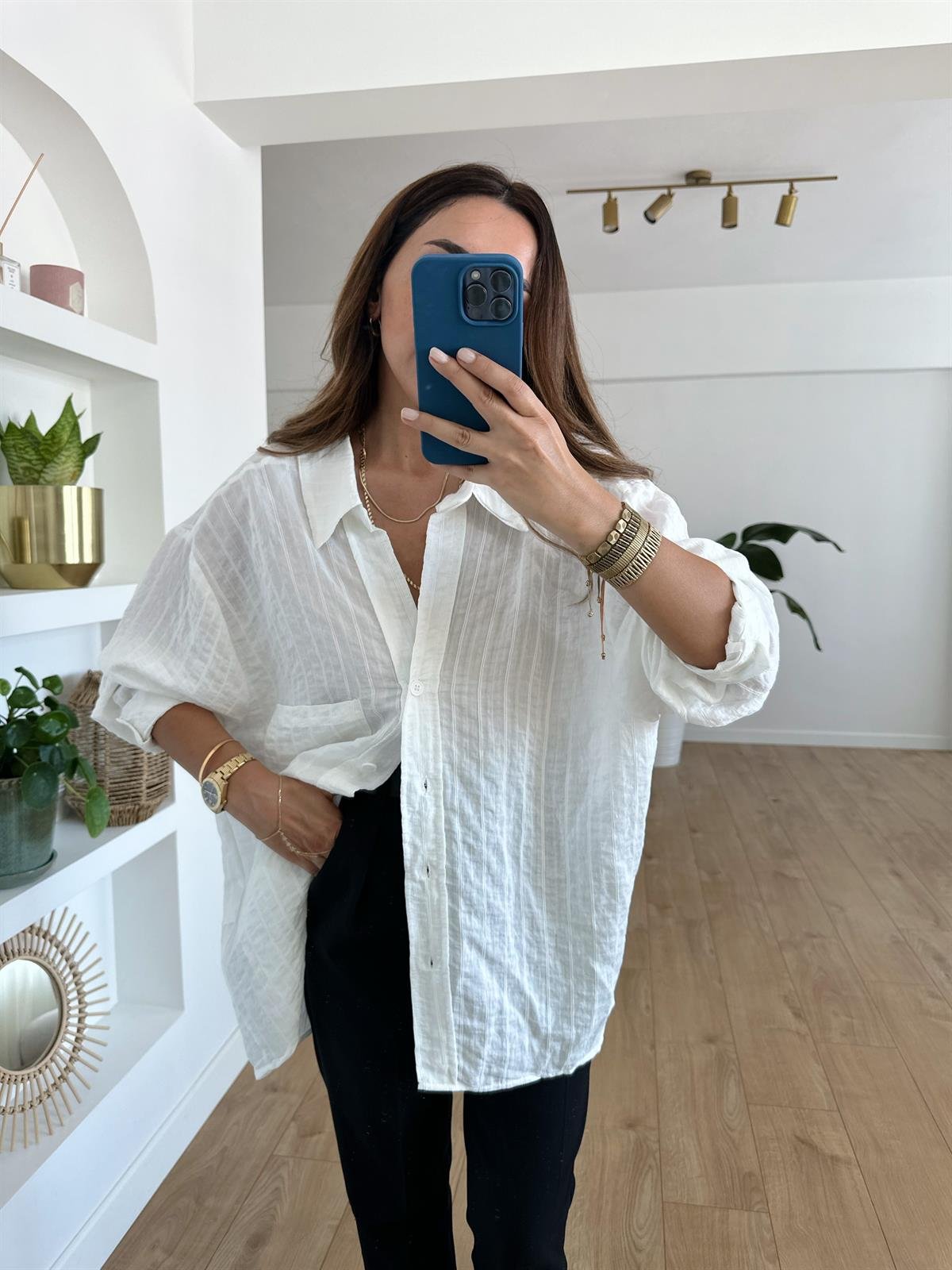 BEYAZ ÇİZGİLİ TENSEL OVERSIZE GÖMLEK