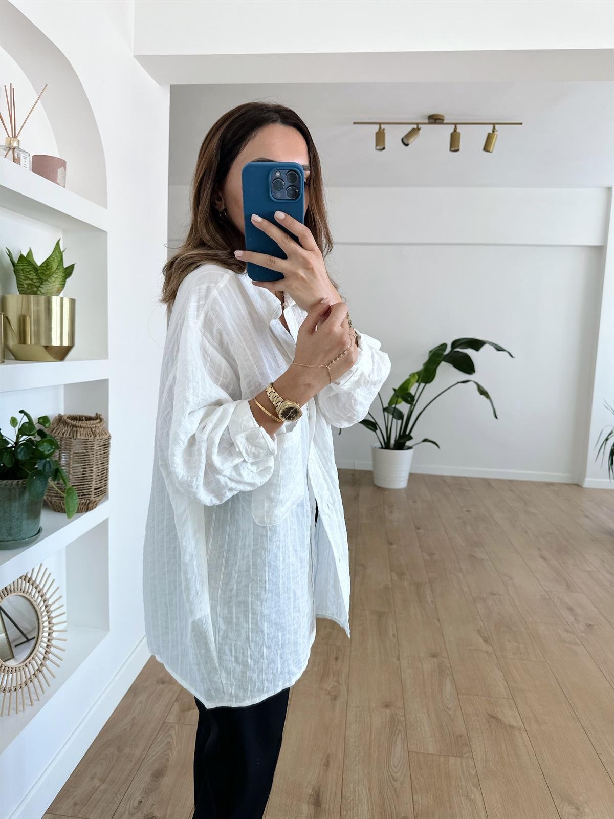 BEYAZ ÇİZGİLİ TENSEL OVERSIZE GÖMLEK